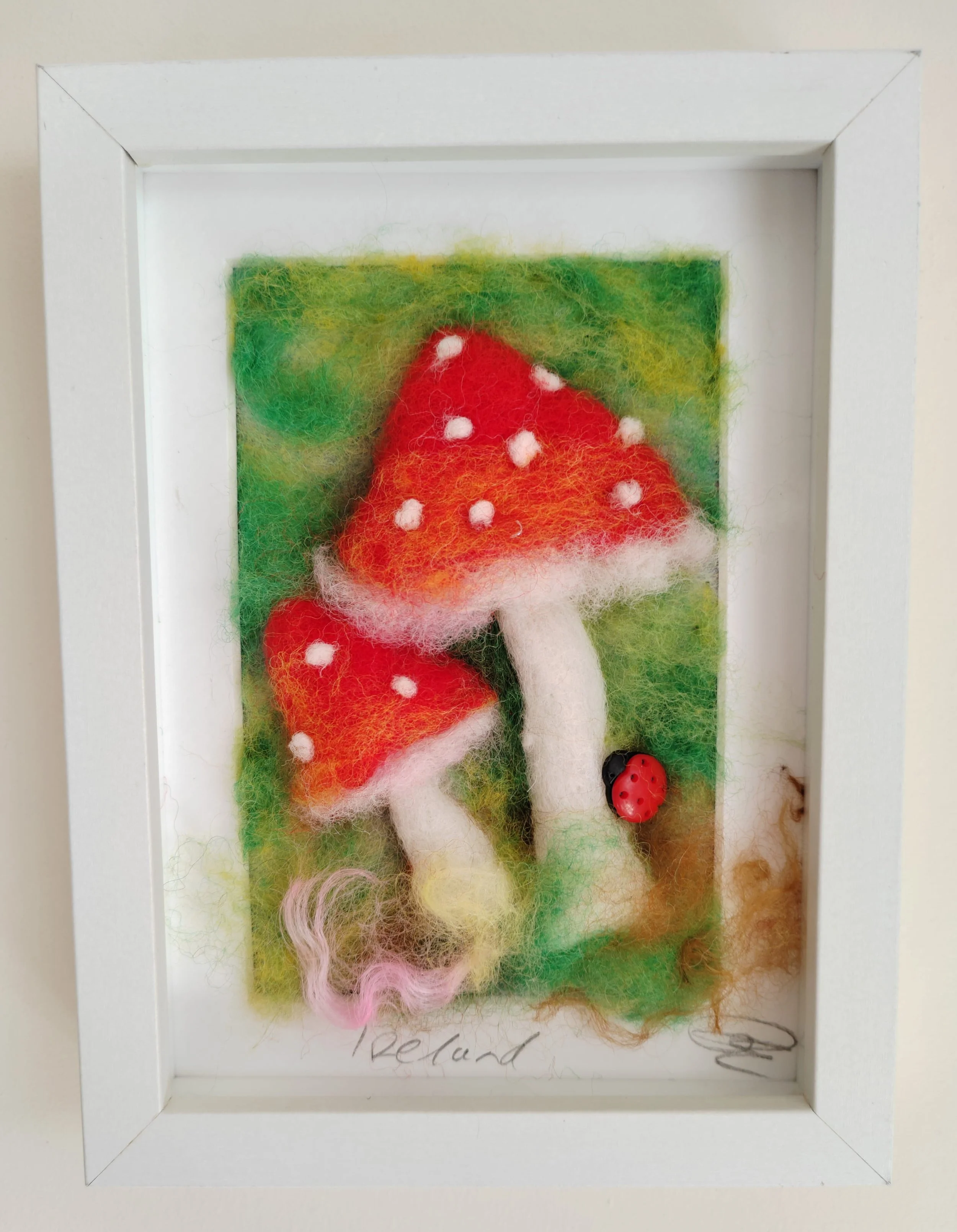 Wild Red and Orange Capped Mushrooms - Felted Picture