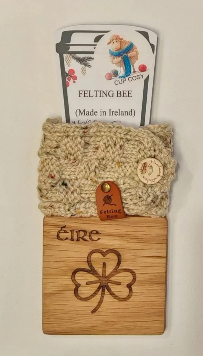 Woollen Cup Cosy & Oak Coaster Gift Set