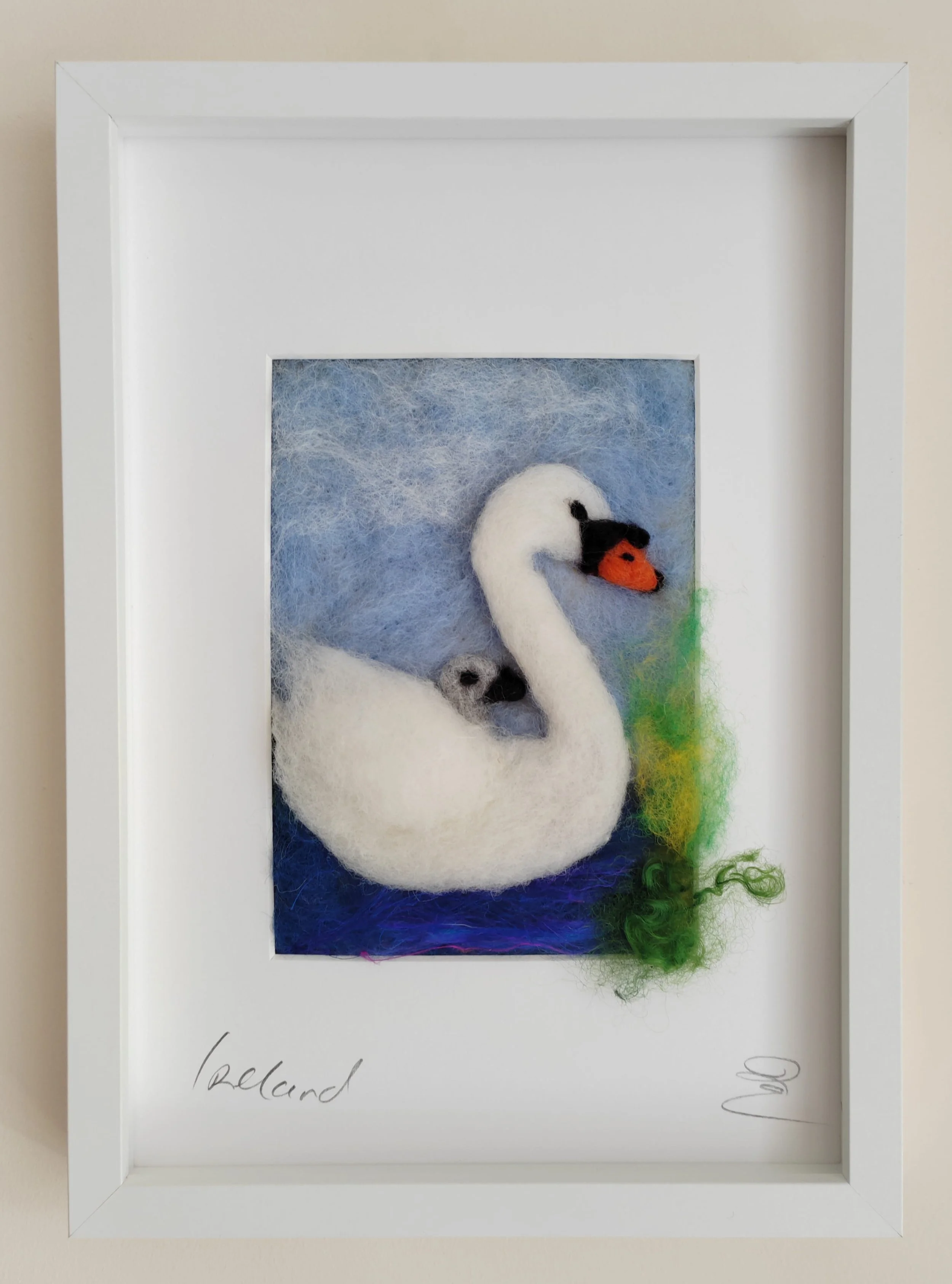 Swan and Cygnet Swimming Together – Felted Picture
