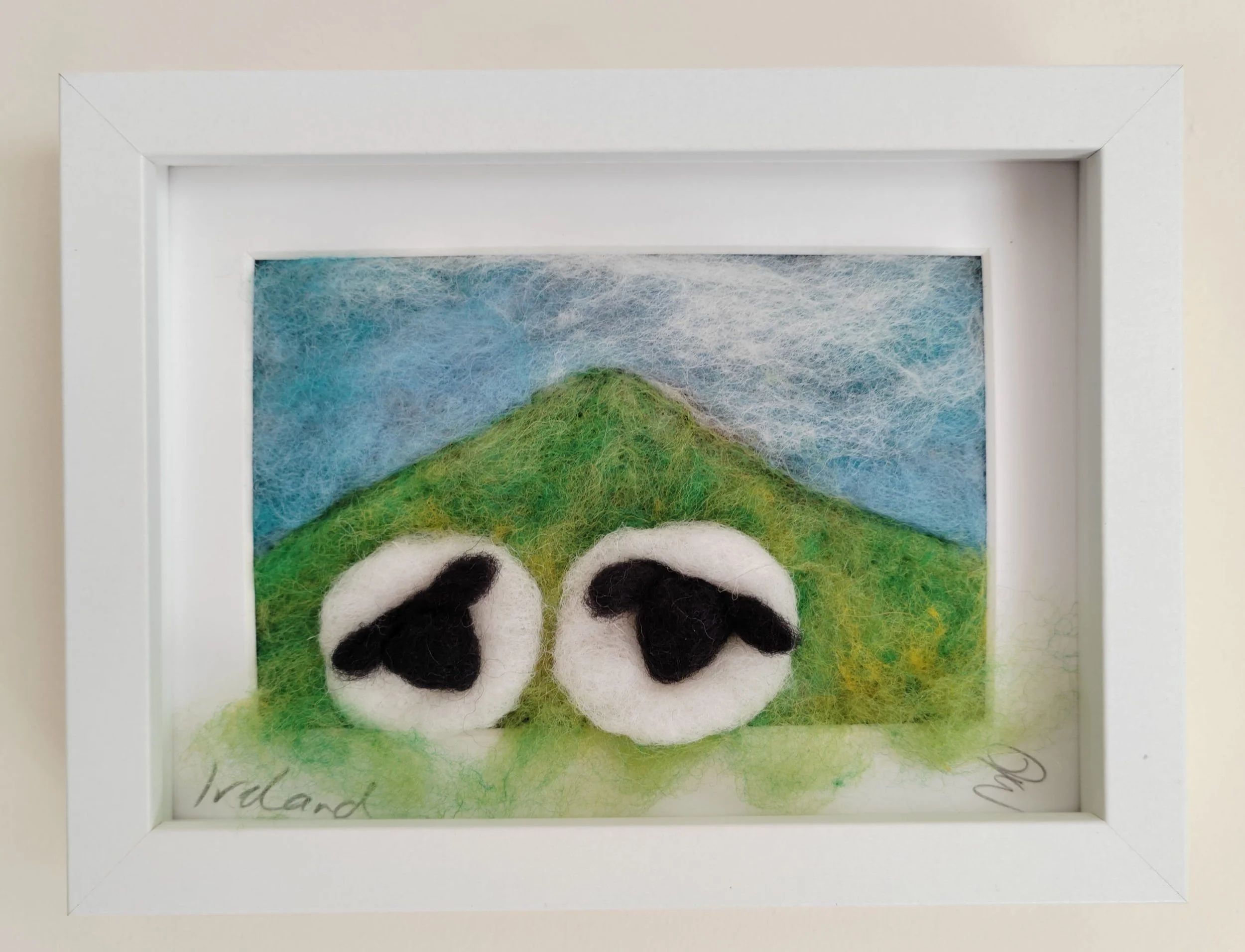 Sheep Grazing in a Green Mountain Pasture - Felted Picture