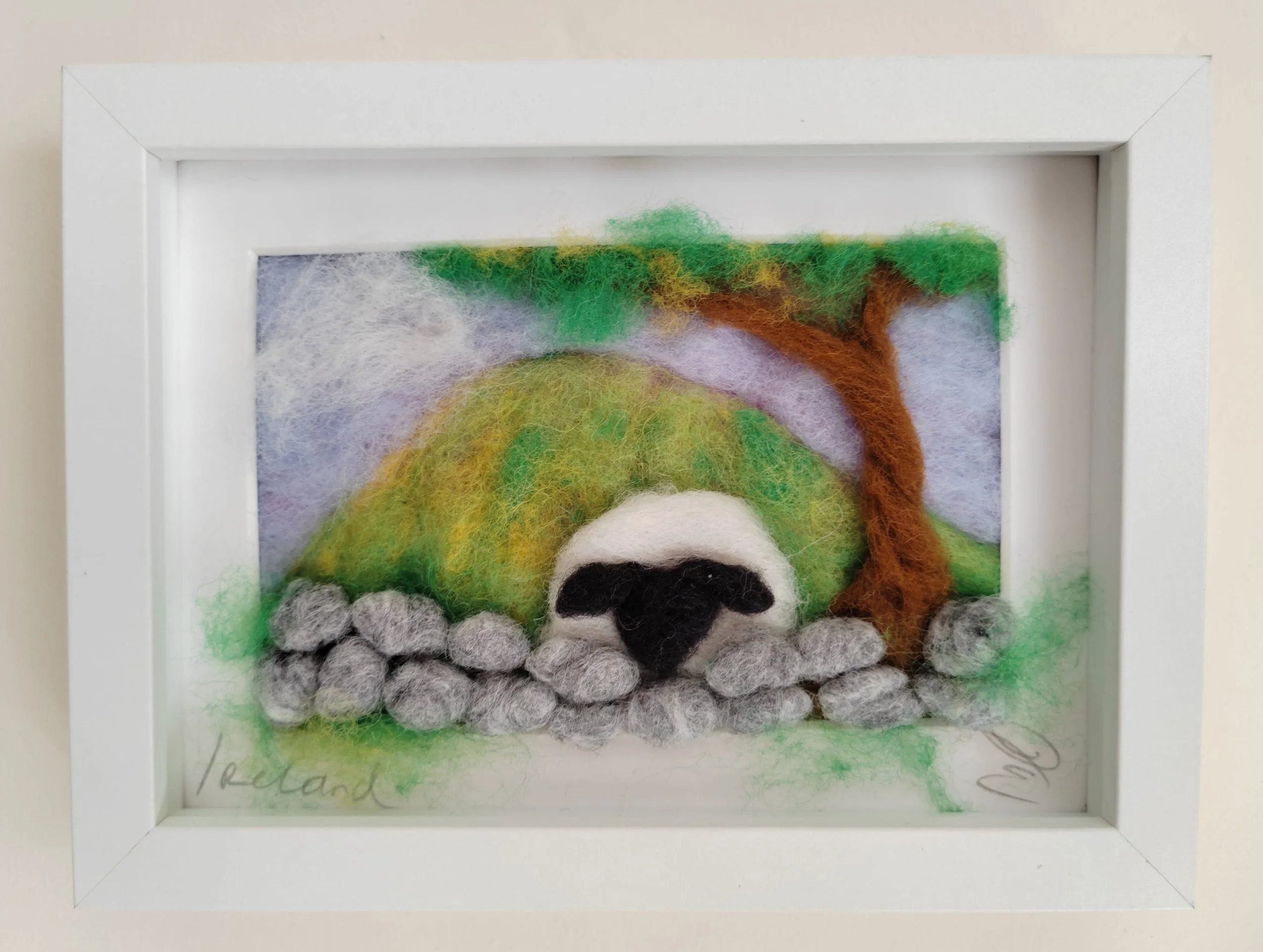Sheep Peering Over a Stone Wall – Felted Picture