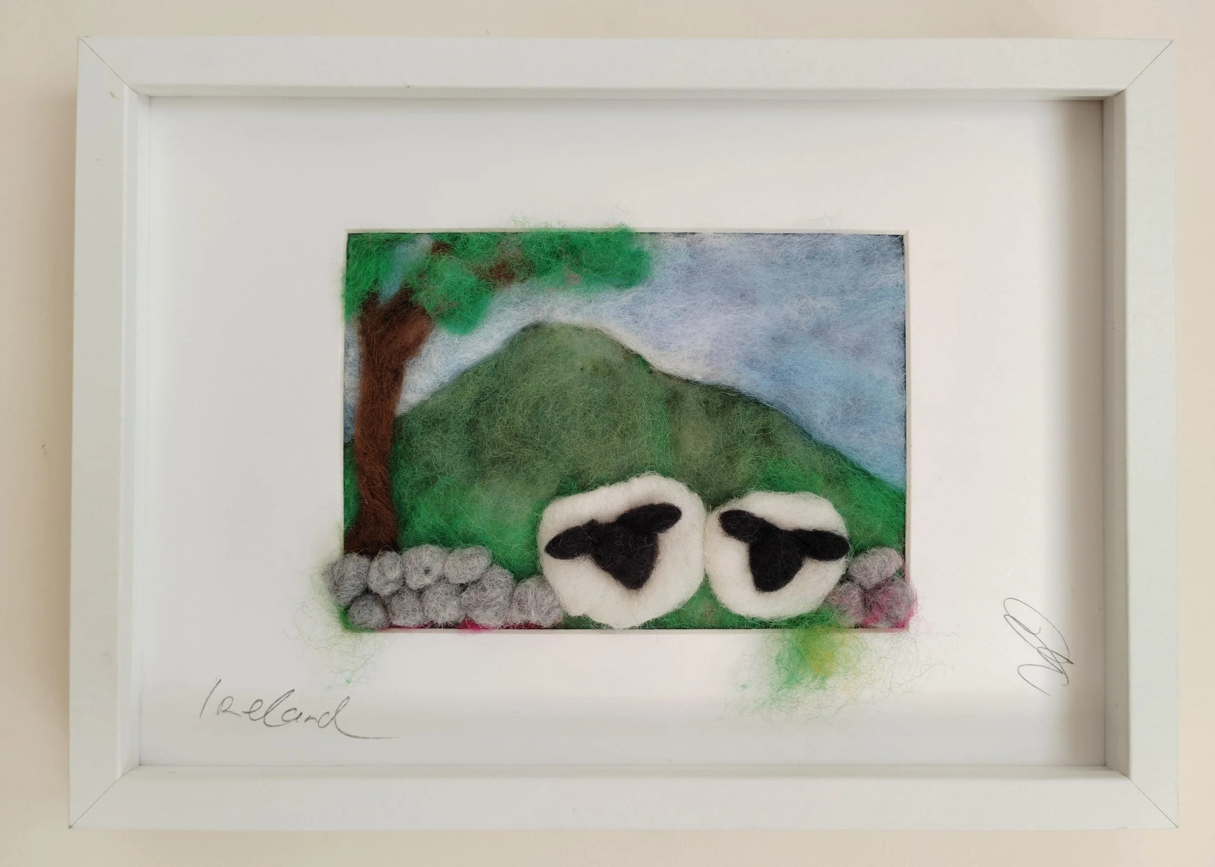 Sheep Under a Tree by a Broken Stone Wall – Felted Picture
