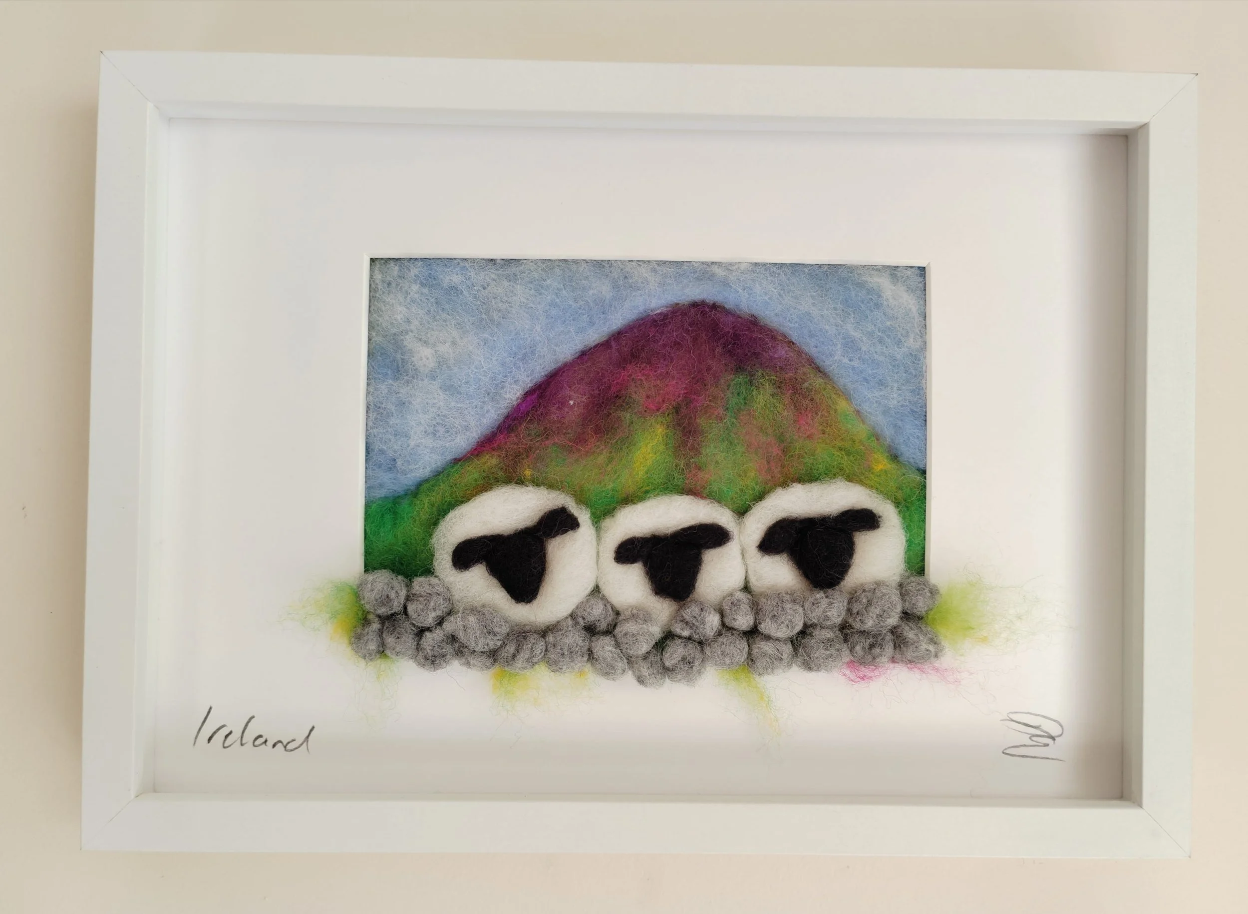 Sheep by a Stone Wall with Purple Mountain – Felted Picture