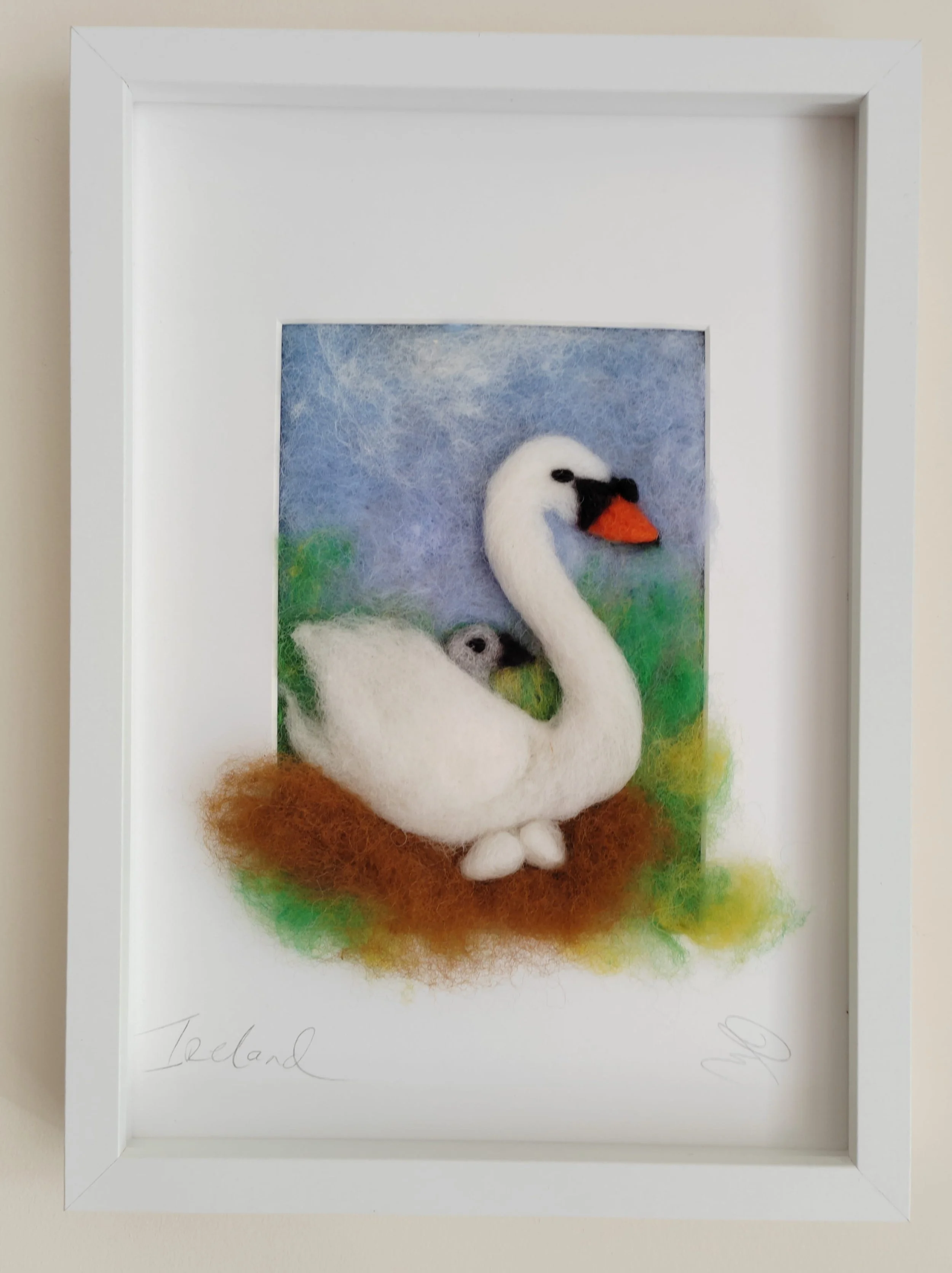 Swan and Cygnet Guarding Their Nest - Felted Picture