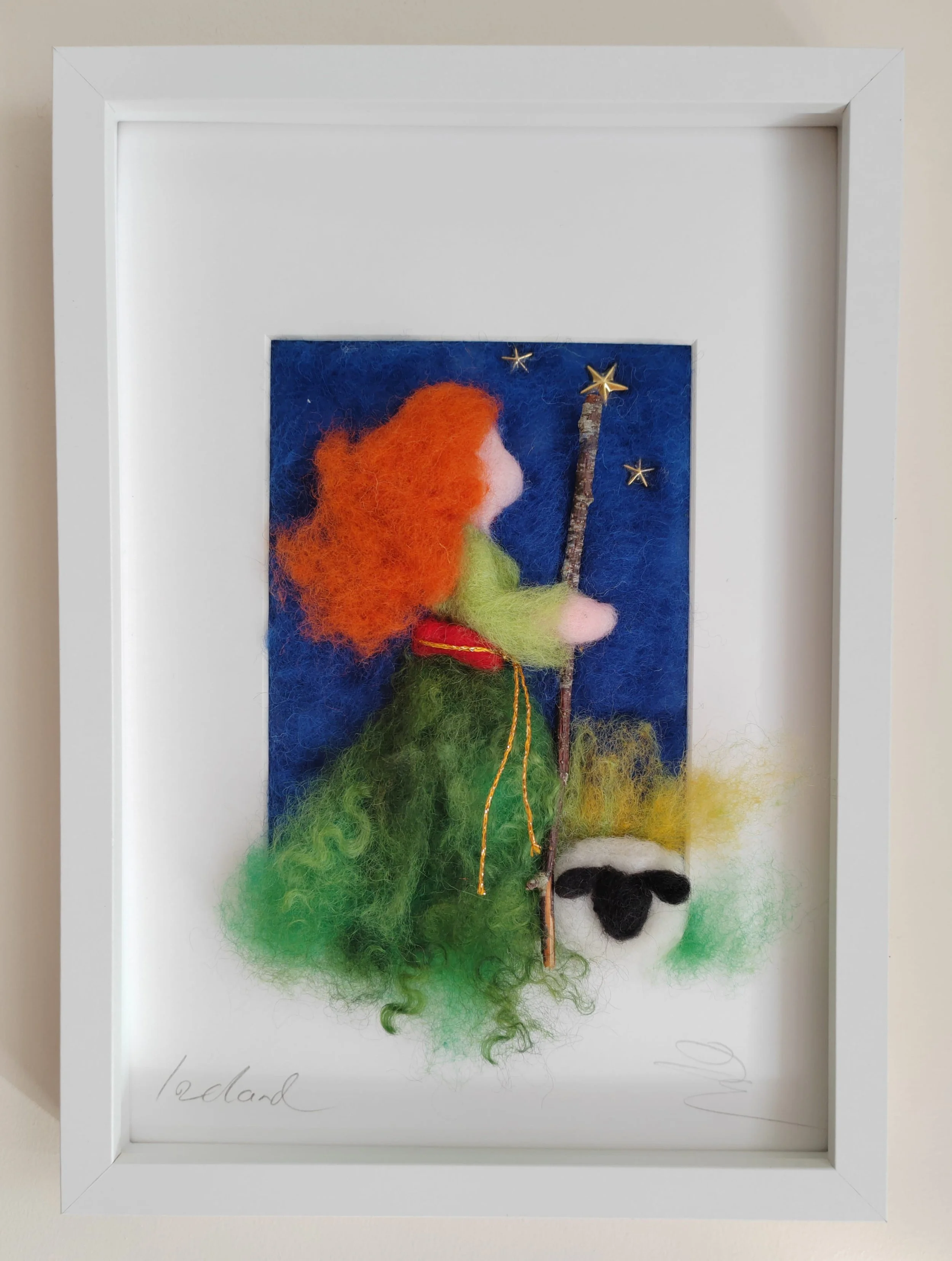 Irish Colleen Herding Sheep by Night – Felted Picture