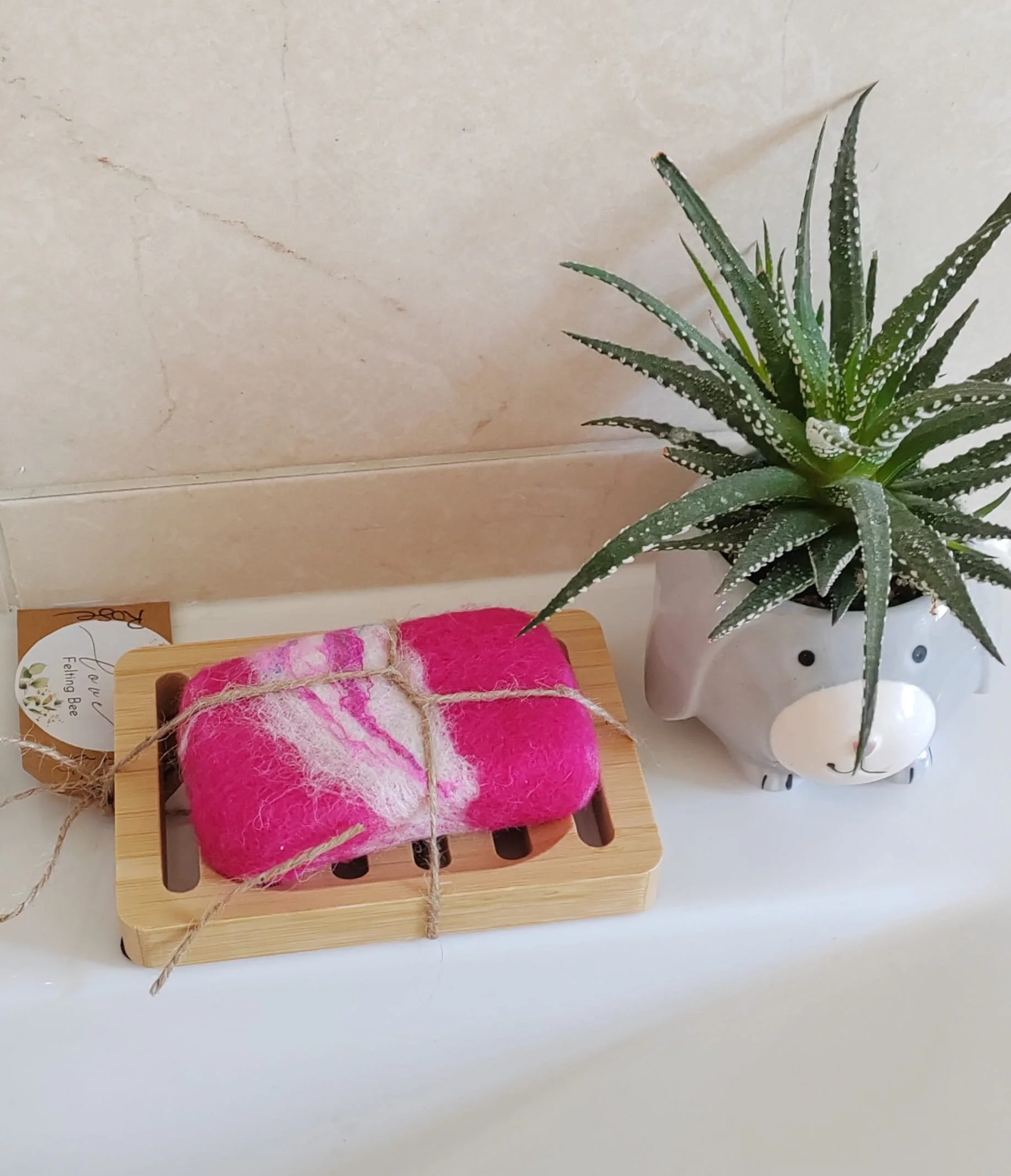 Pink Felted Soap Bar with Bamboo Rack