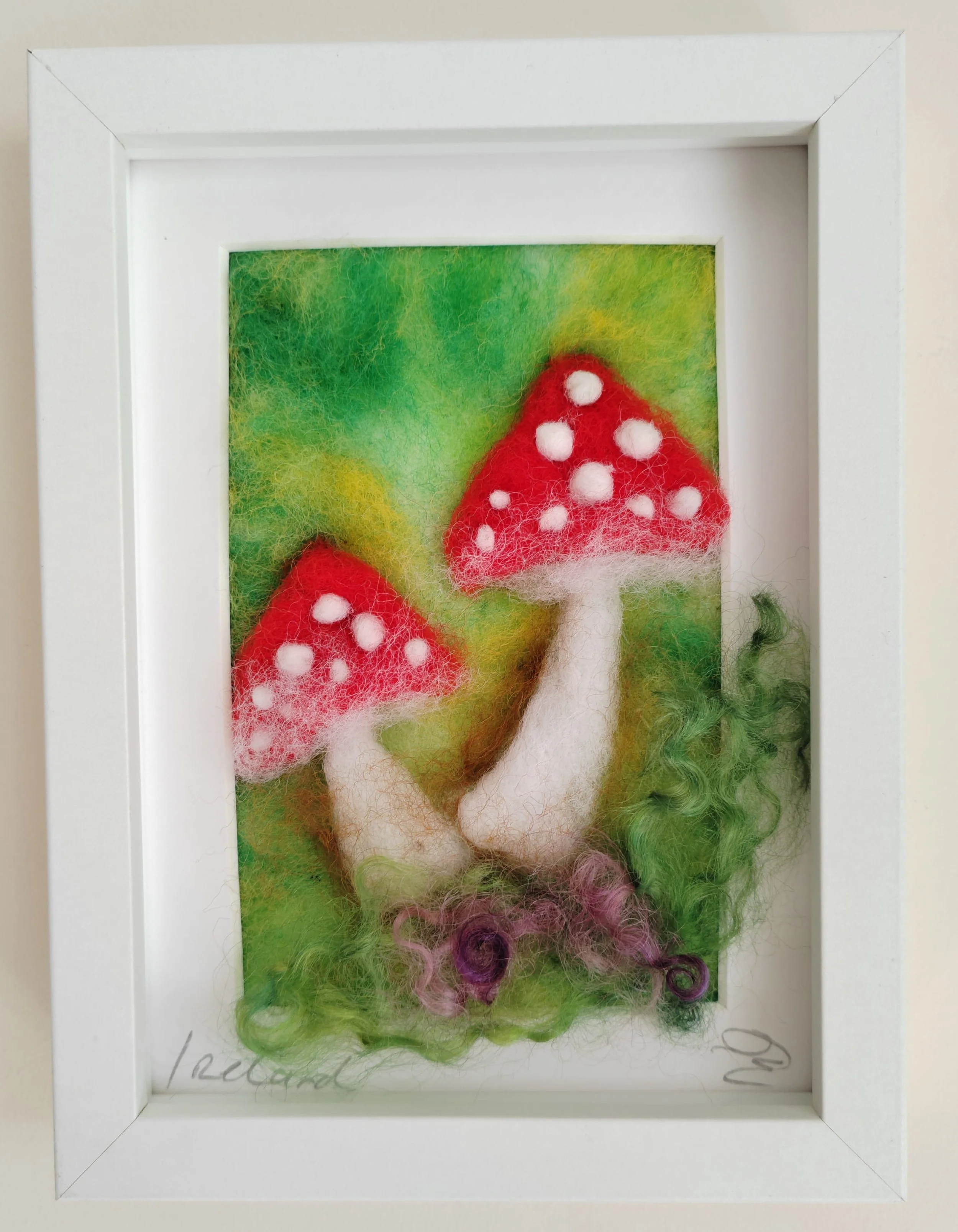 Red Capped Spotted Mushrooms  - Felted Picture