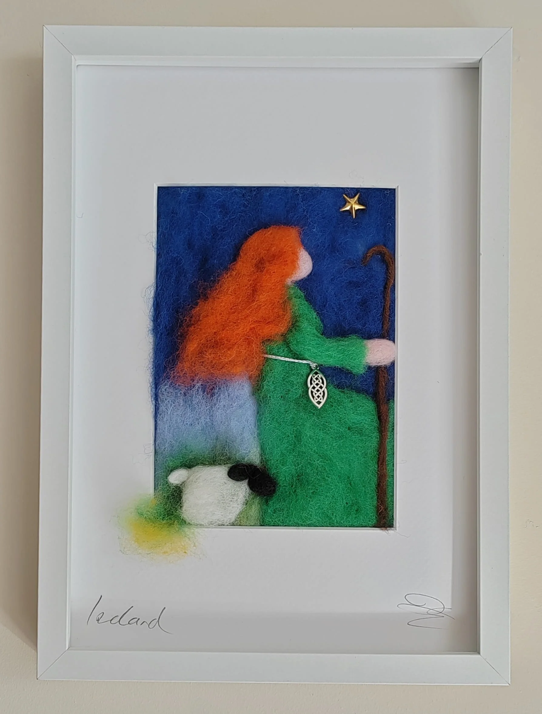 Irish Róisín Herding Sheep by Night - Felted Picture