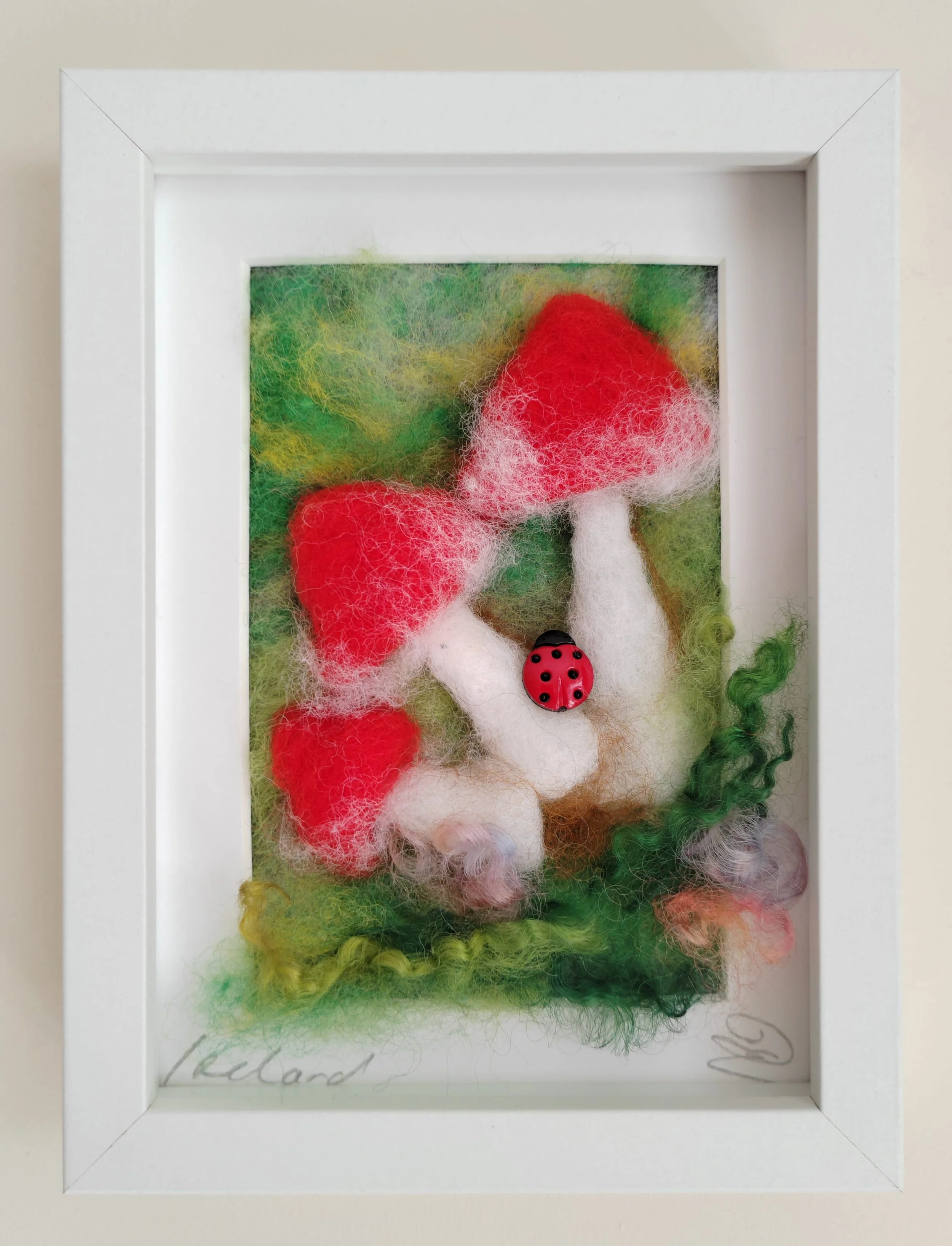 Wild Red Mushrooms Nestled in a Grove - Felted Picture