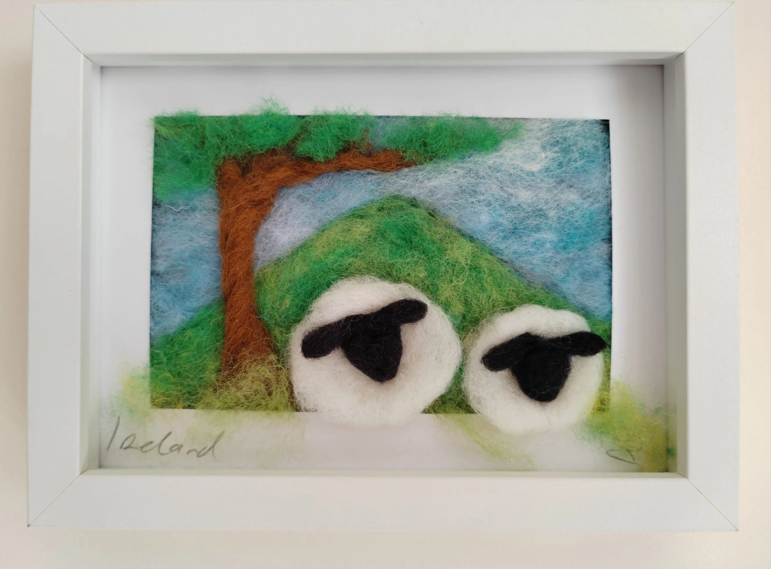 Sheep Resting in a Green Mountain Pasture - Felted Picture