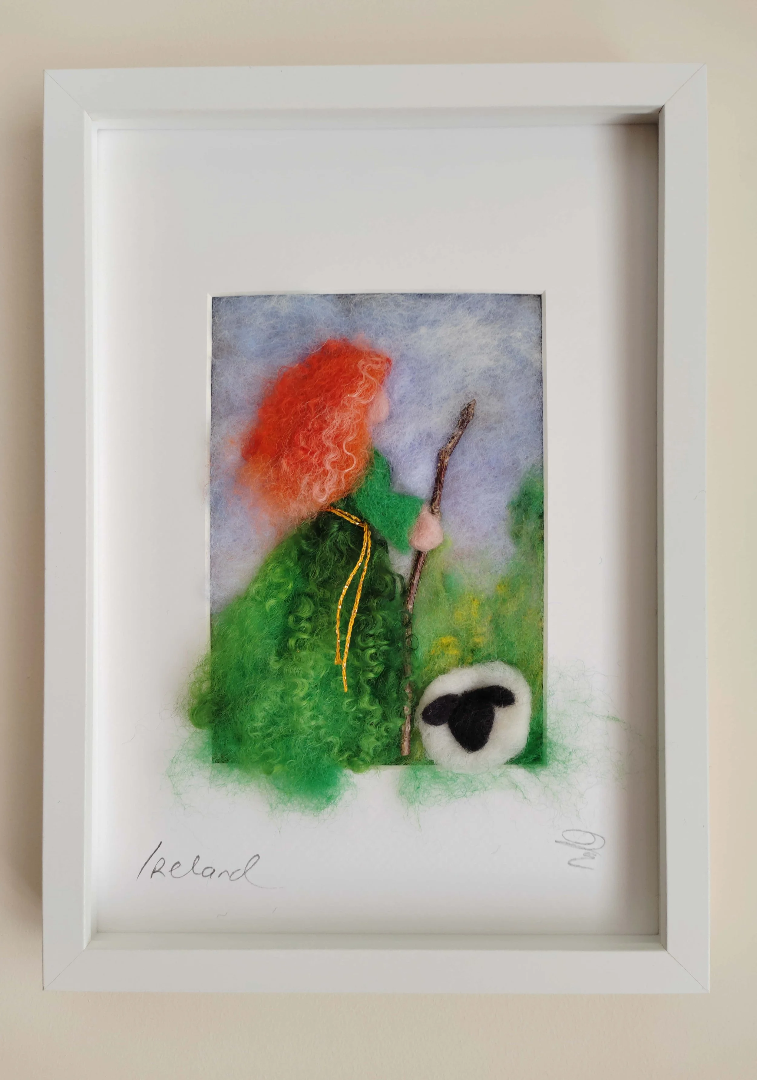 Irish Colleen Herding Sheep by Day – Felted Picture
