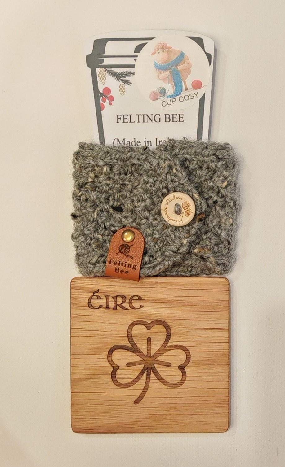 Woollen Cup Cosy & Oak Coaster Gift Set