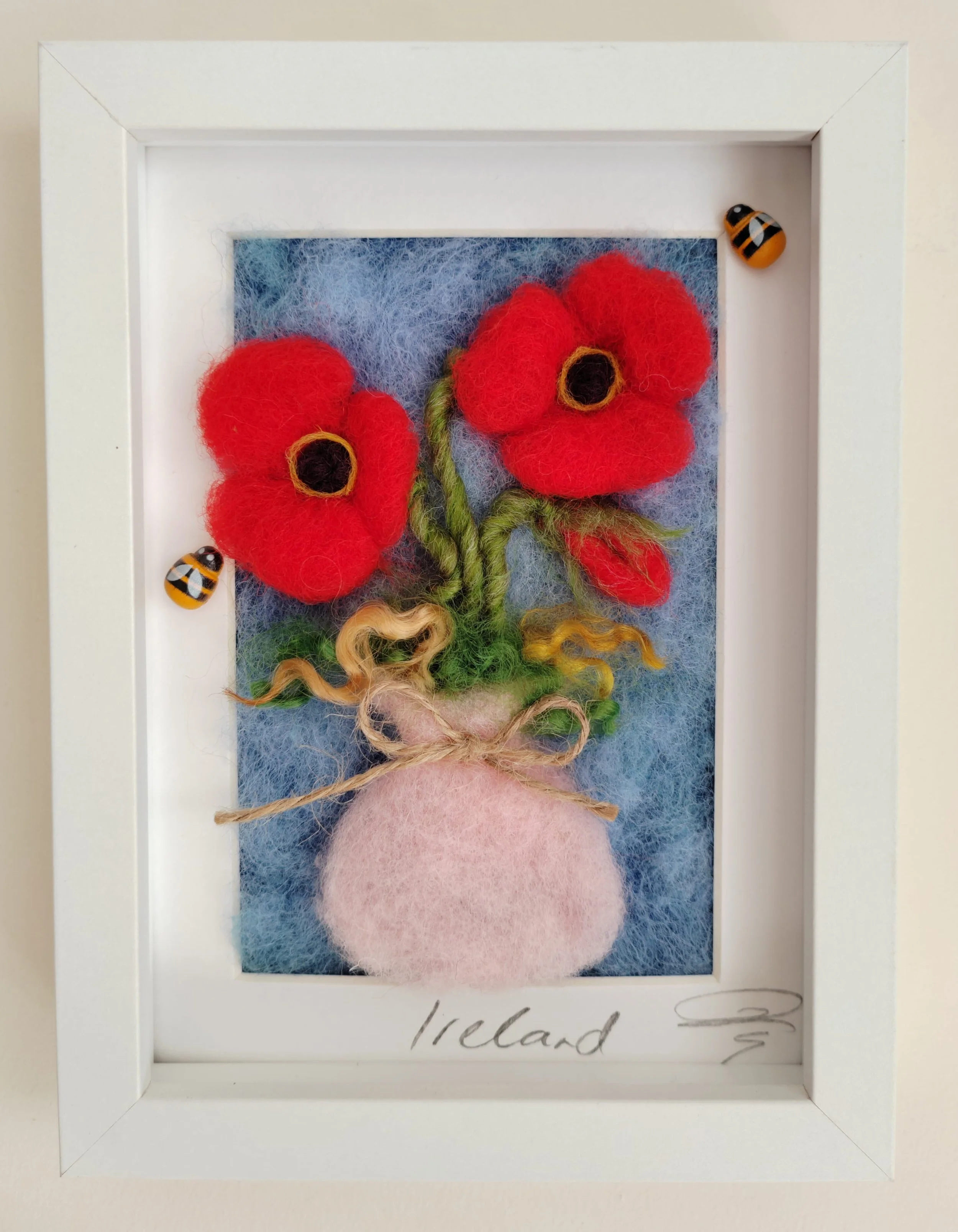 Red poppies in a Pink Vase - Felted Picture