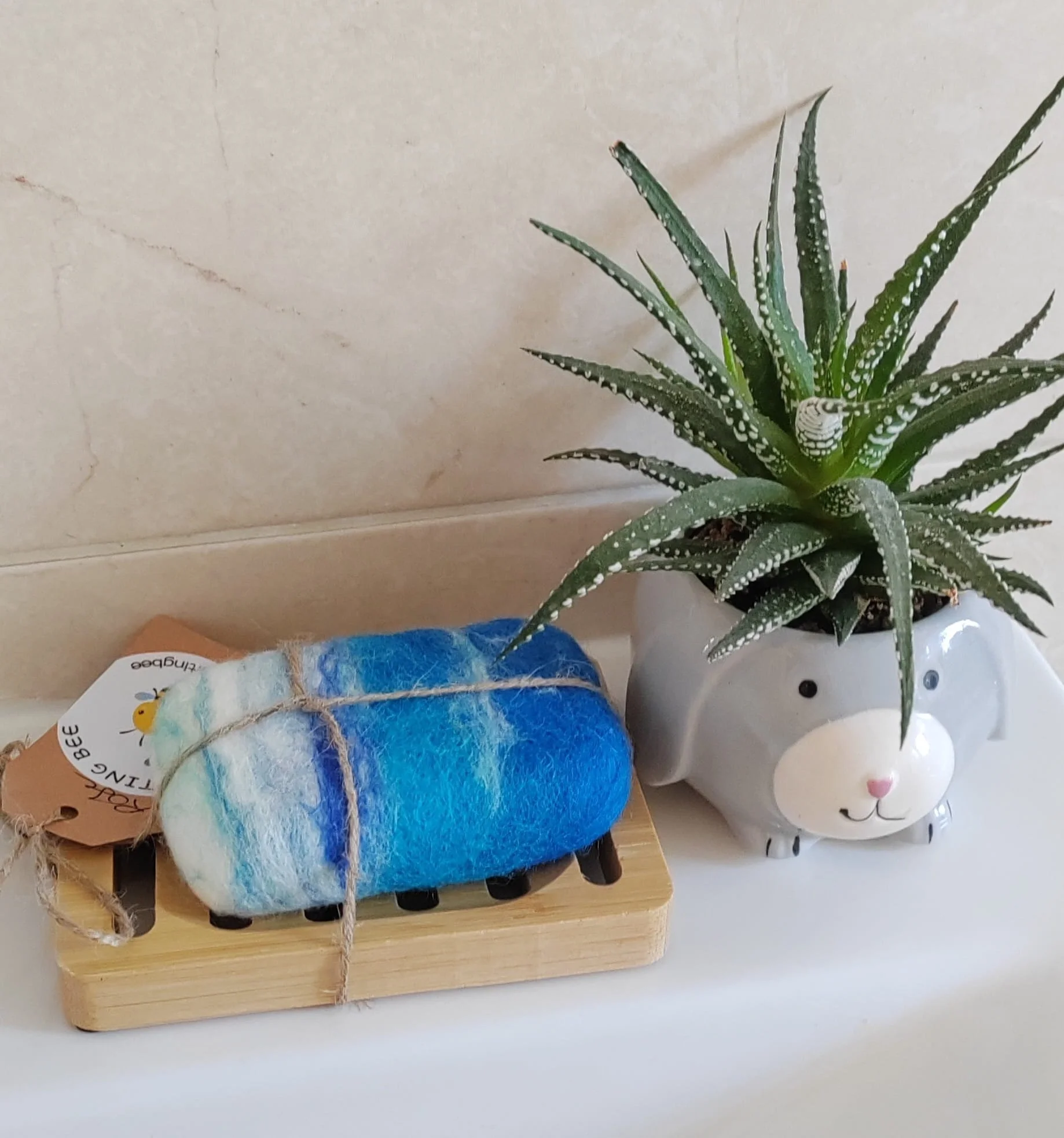 Seascape Felted Soap Bar with Bamboo Rack