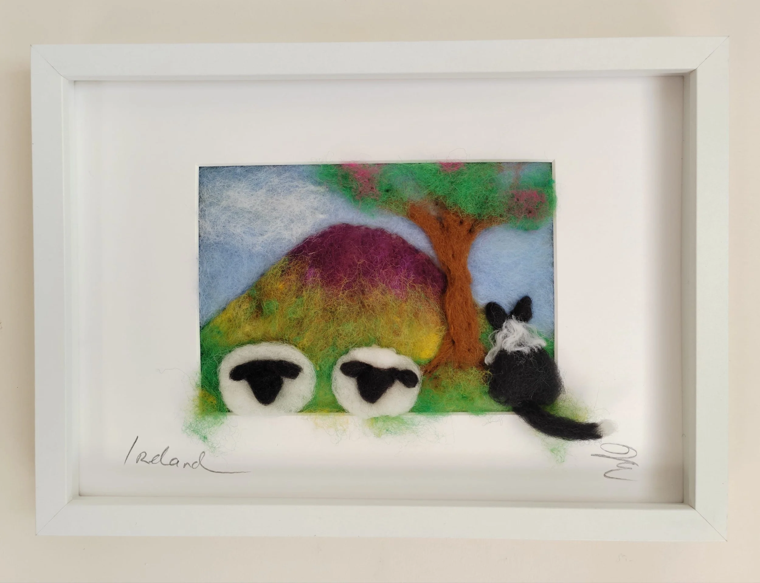 Sheep and Sheepdog Resting Under a Tree – Felted Picture