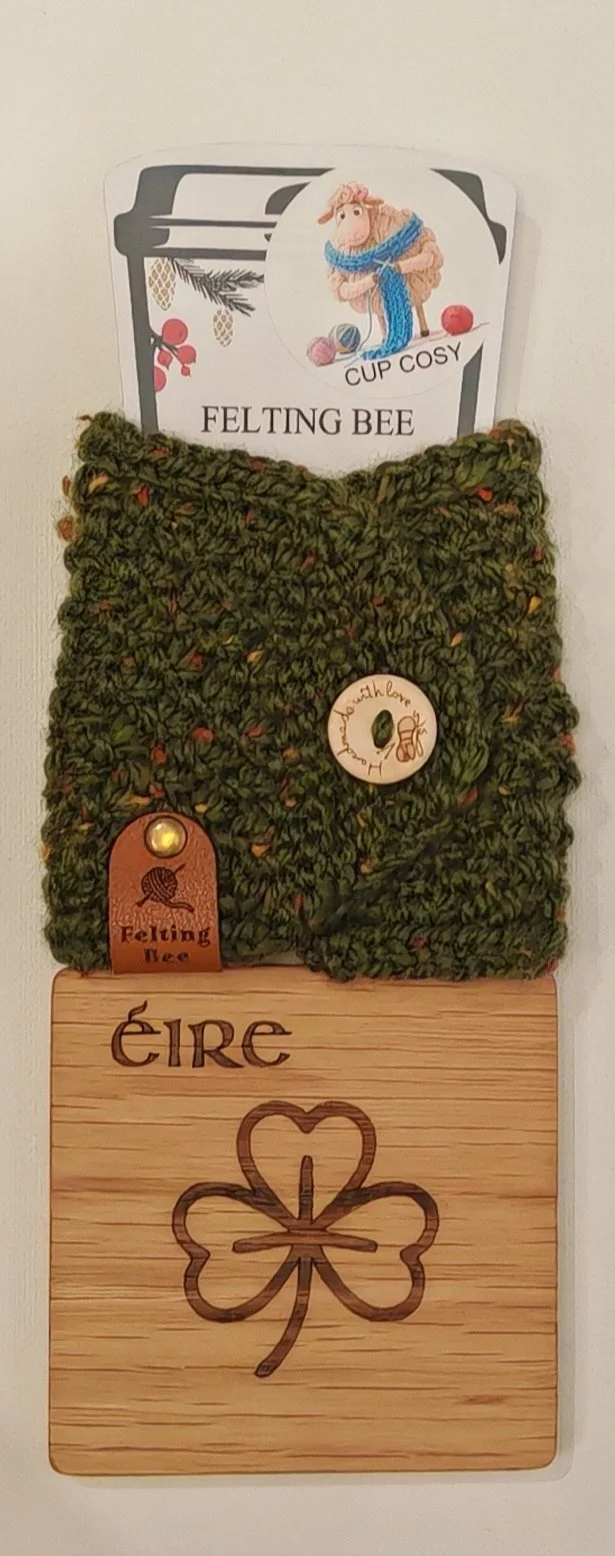 Woollen Cup Cosy & Oak Coaster Gift Set