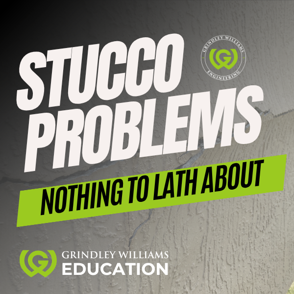 Book cover titled 'Stuco Problems' with the subtitle 'Nothing to Lath About', featuring a textured wall background, and logos of Grindley Williams Engineering and Education.