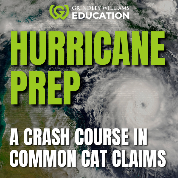 Promotional image for a hurricane preparation course by Grindley Williams Education, featuring a satellite image of a hurricane and bold text stating "Hurricane Prep: A Crash Course in Common Cat Claims."