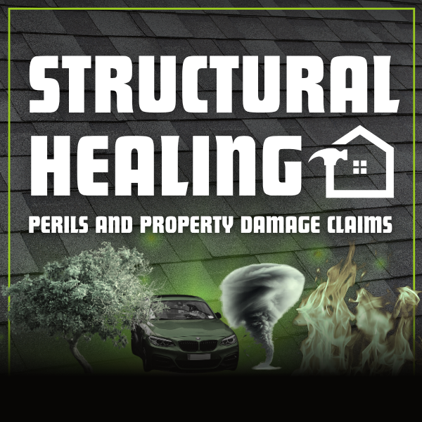 Book cover for 'Structural Healing: Perils and Property Damage Claims' featuring a tree, a car, a tornado, and flames.