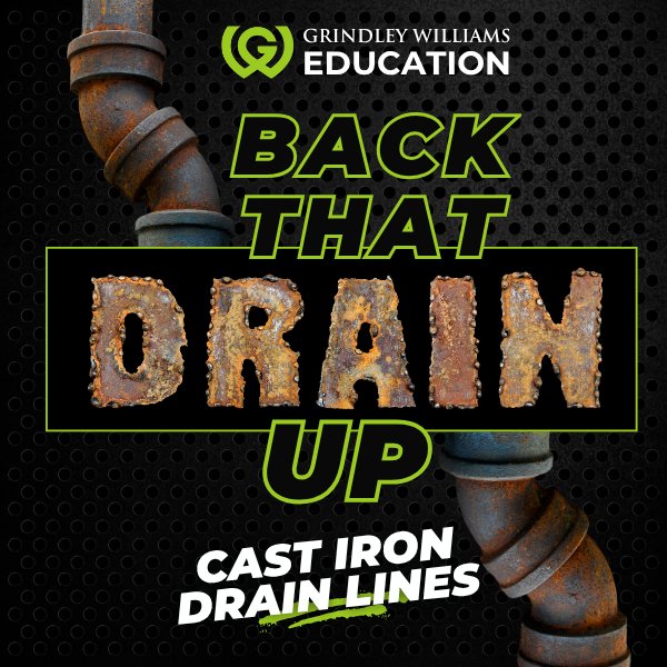 Graphic promoting back-to-school plumbing education with the phrase "Draw Up" and a background of black perforated metal with rusted pipe sections and bold text.