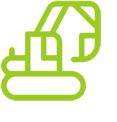 Minimalist line drawing of an excavator in green color.