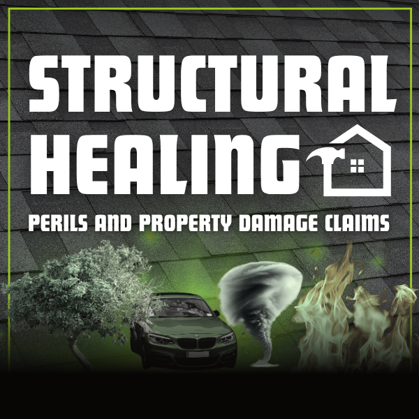 Book cover titled 'Structural Healing: Perils and Property Damage Claims' featuring a house icon, a car, a tornado, and flames, with a tree in the foreground.