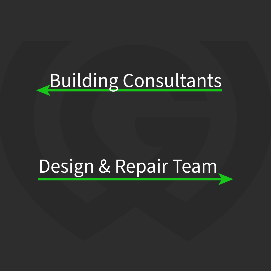 Graphic showing two text labels with green arrows: 'Building Consultants' pointing left and 'Design & Repair Team' pointing right on a dark background.