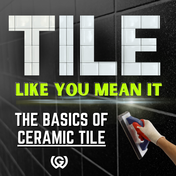 A black tiled wall with the word "TILE" spelled out in large white ceramic tiles, with a person cleaning a ceramic tile wall.