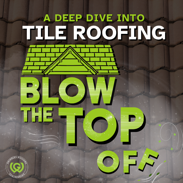 Graphic showing a roof with tiles and text promoting tile roofing with the phrase 'A deep dive into tile roofing - blow the top off', featuring a black and green color scheme and a logo in the bottom left corner.