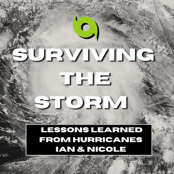 A satellite image of a hurricane with text overlay reading "Surviving the Storm" and "Lessons Learned from Hurricanes Ian & Nicole".