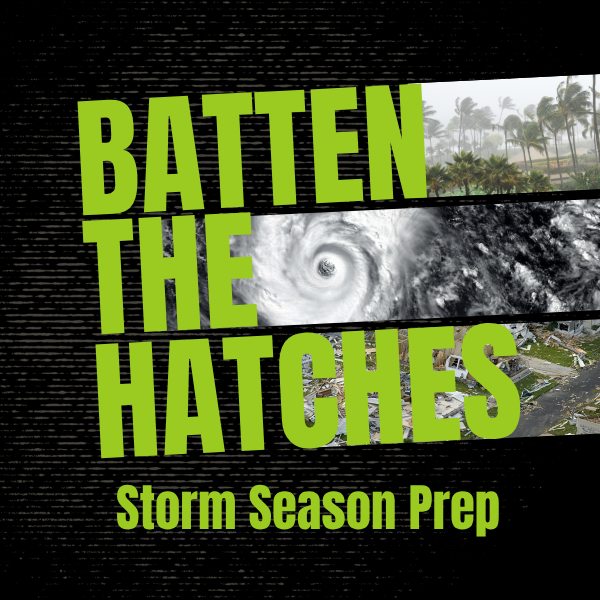 Book cover titled "Batten the Hatches: Storm Season Prep" with images of a hurricane, palm trees, and storm damage.