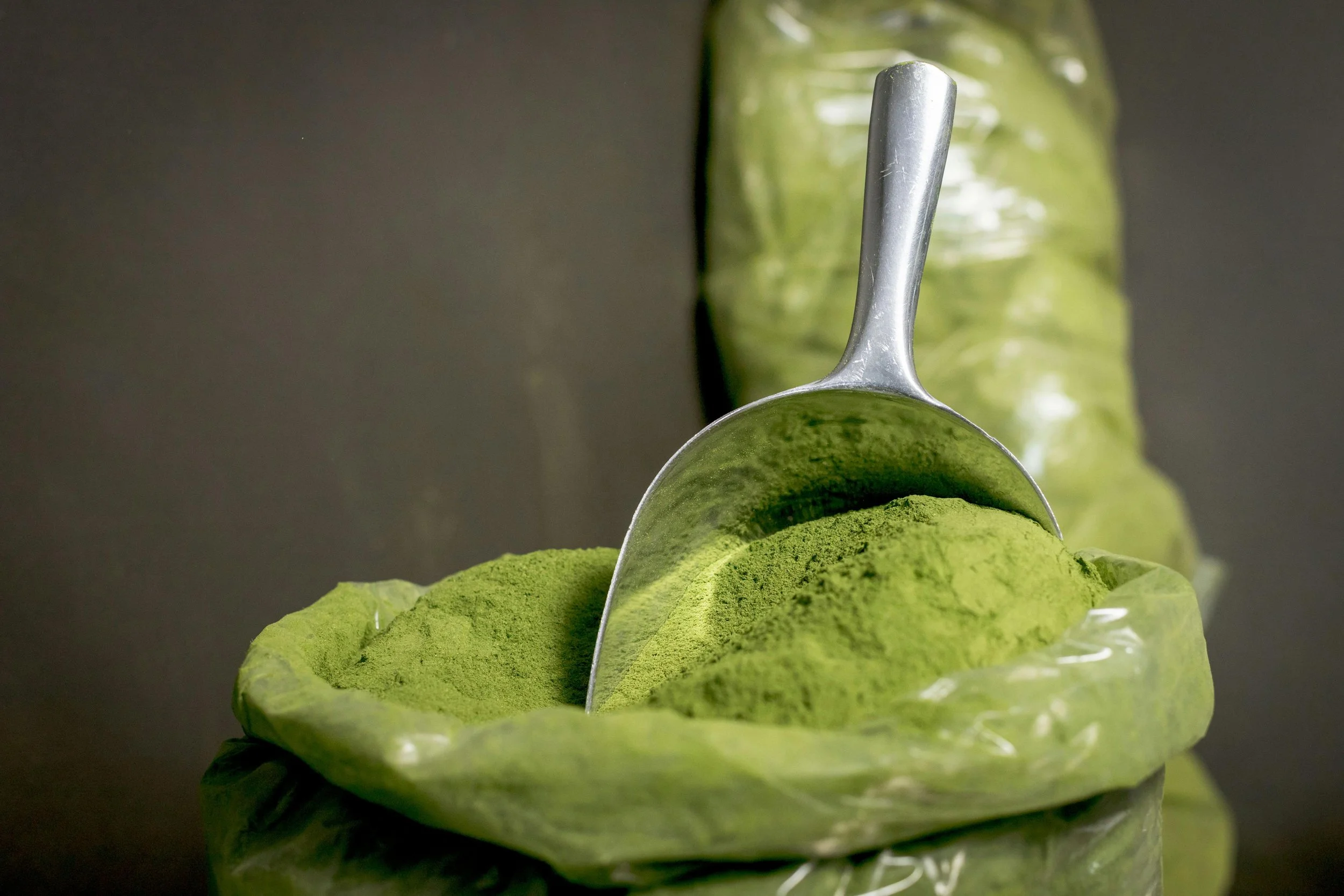 bright green bag of moringa powder with silver scoop