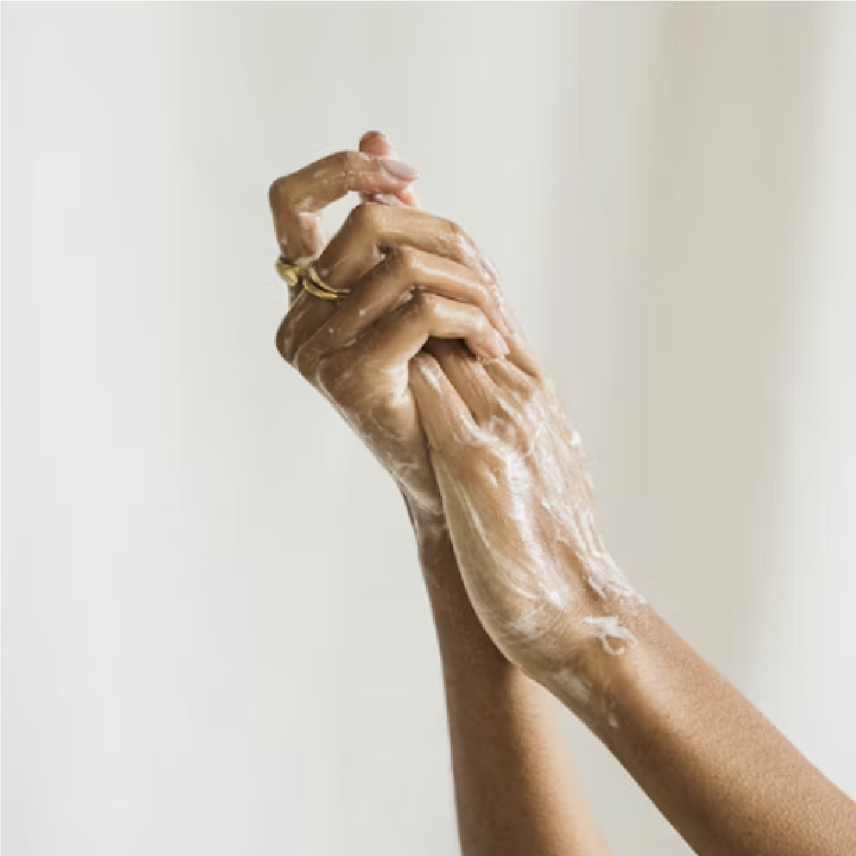 Rosehip soap being lathered in woman's hands and wrist lathered with bubbles