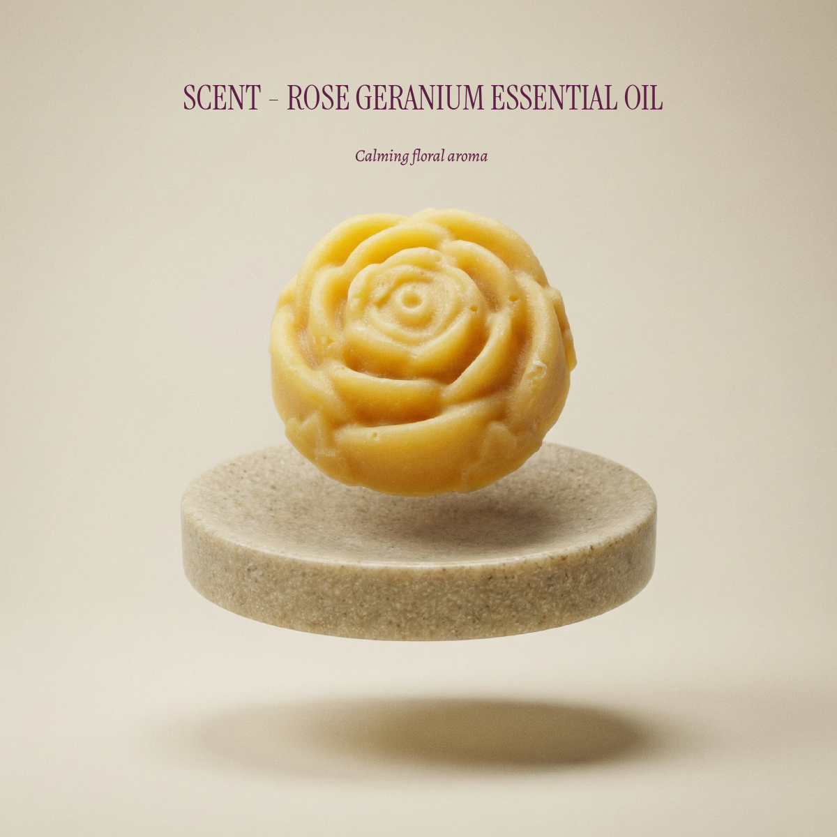 Rose shaped bar floating with scent profile of Rose Geranium Essential Oil, calming floral aroma