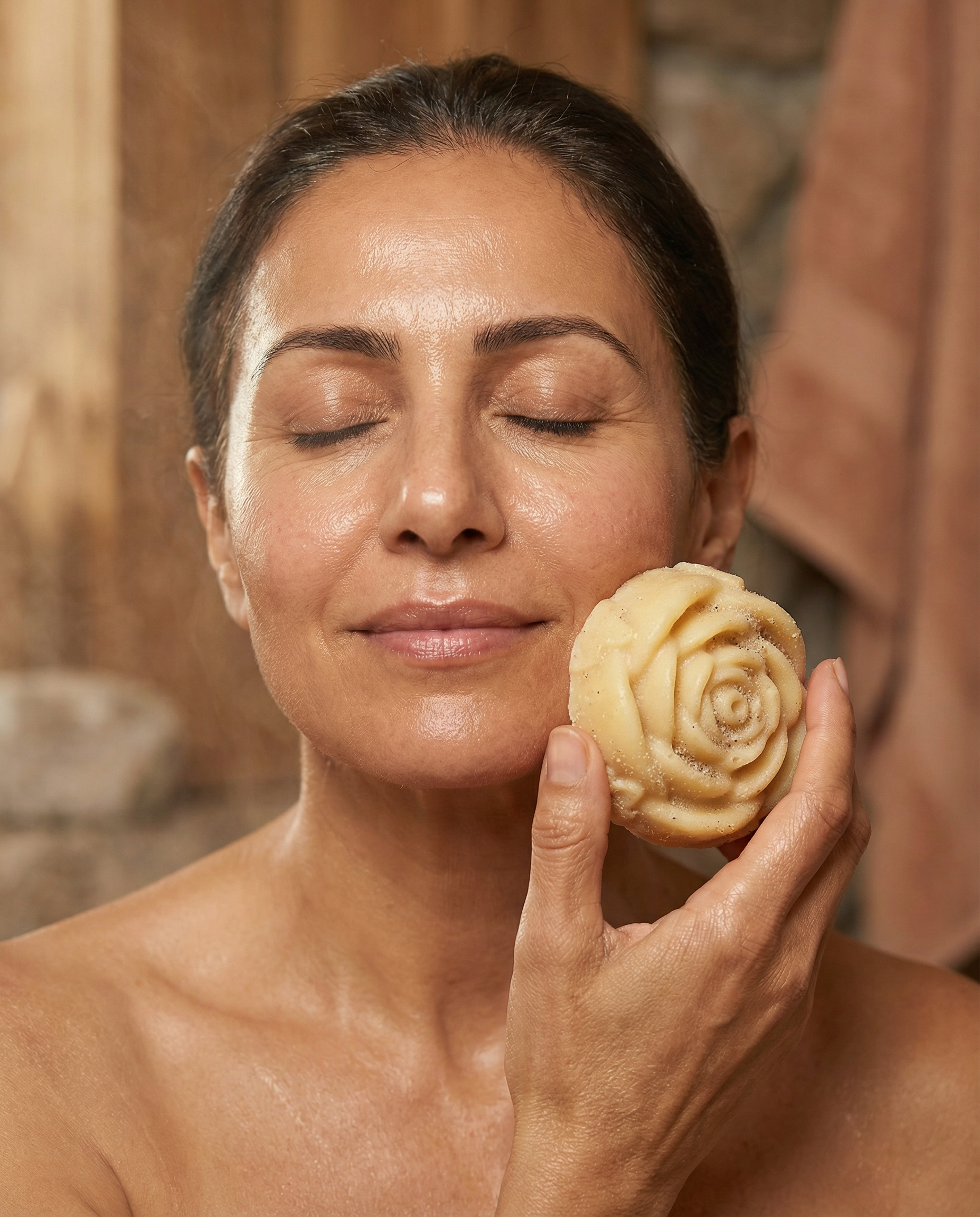 lightly wrinkled eastern woman with eyes closed holding cocoa rose bar against cheek in warm bathroom.png