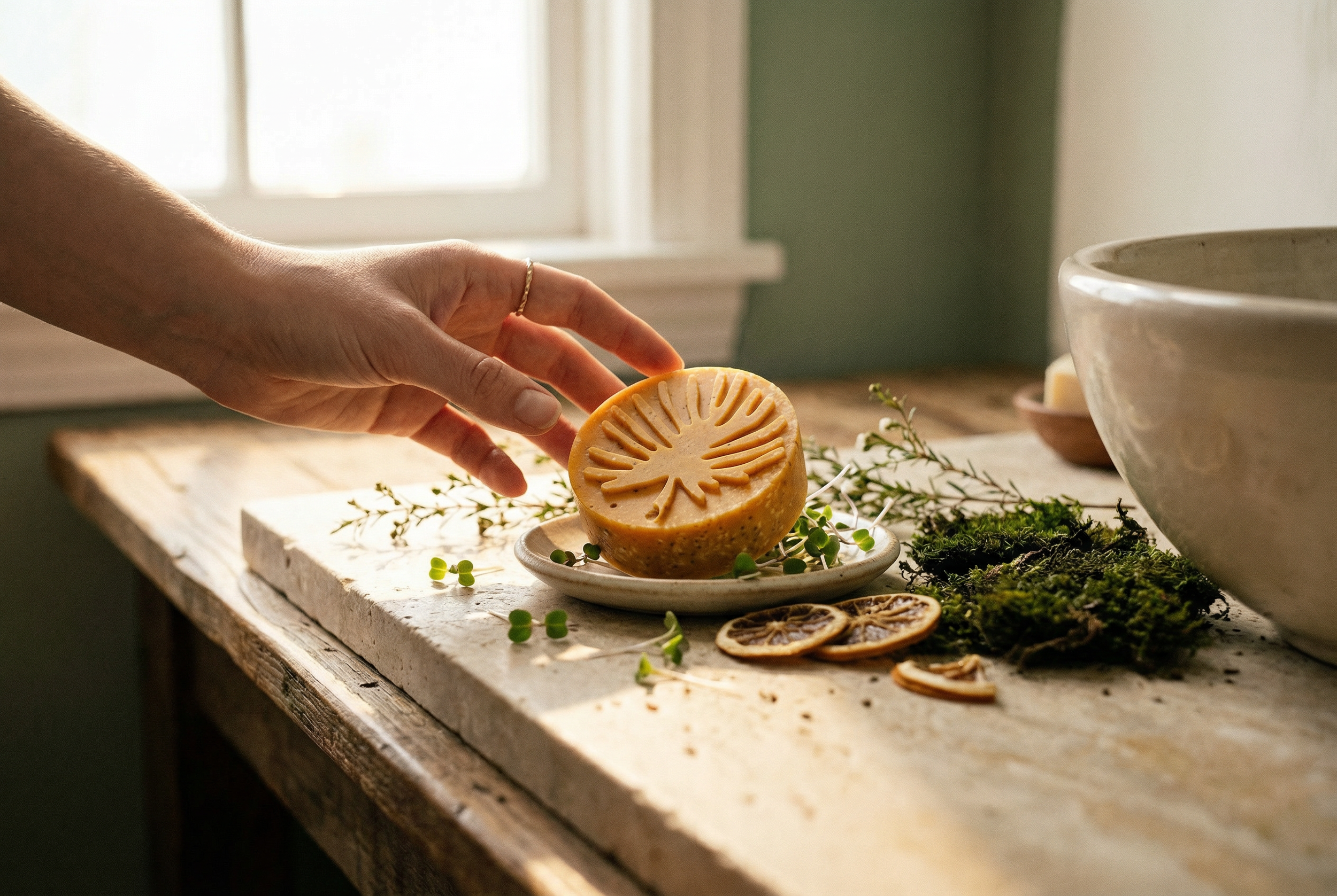 hand reaching for turmeric bar beside a sink island.png