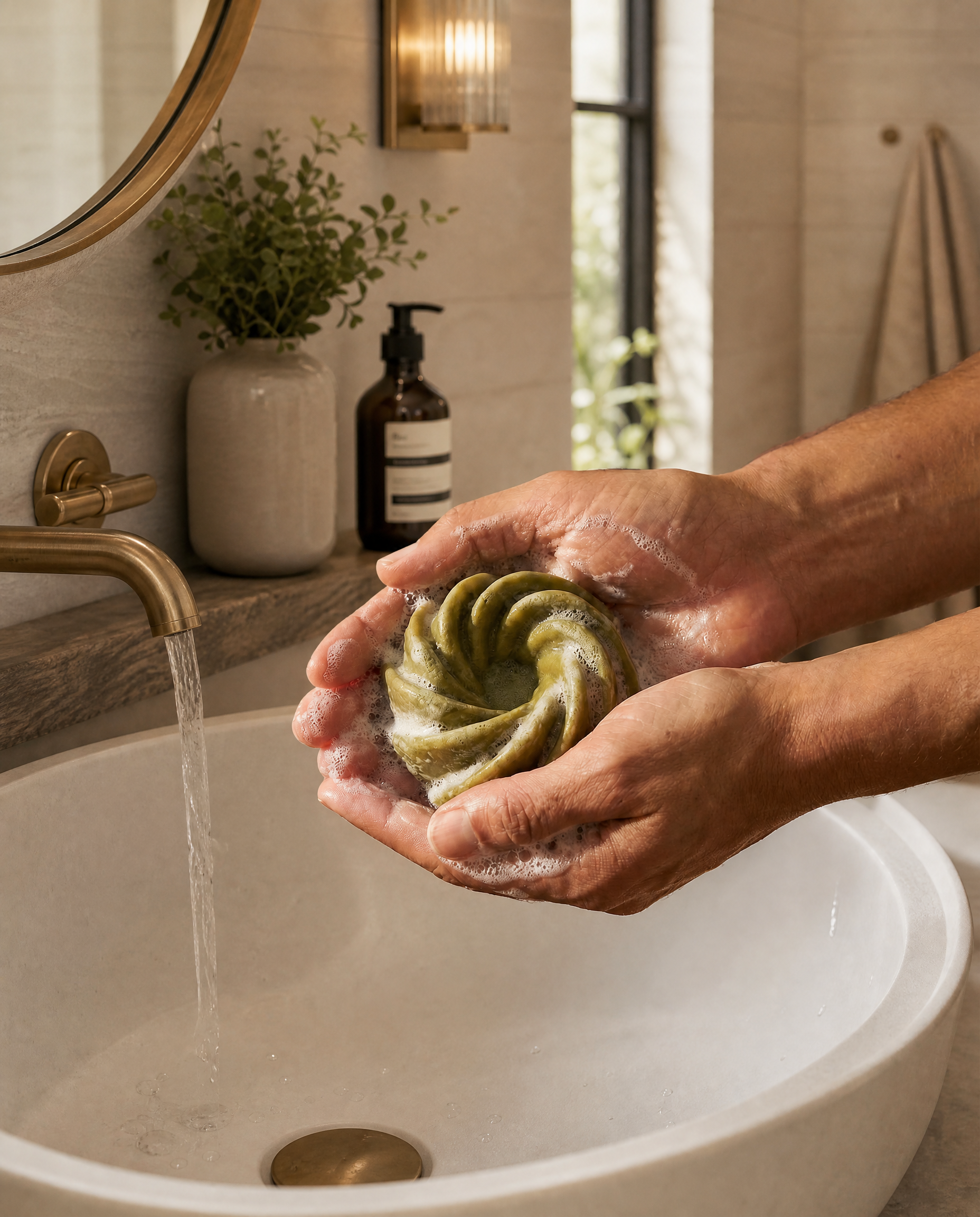 lathering of moringa sea moss facial bar over sink.png