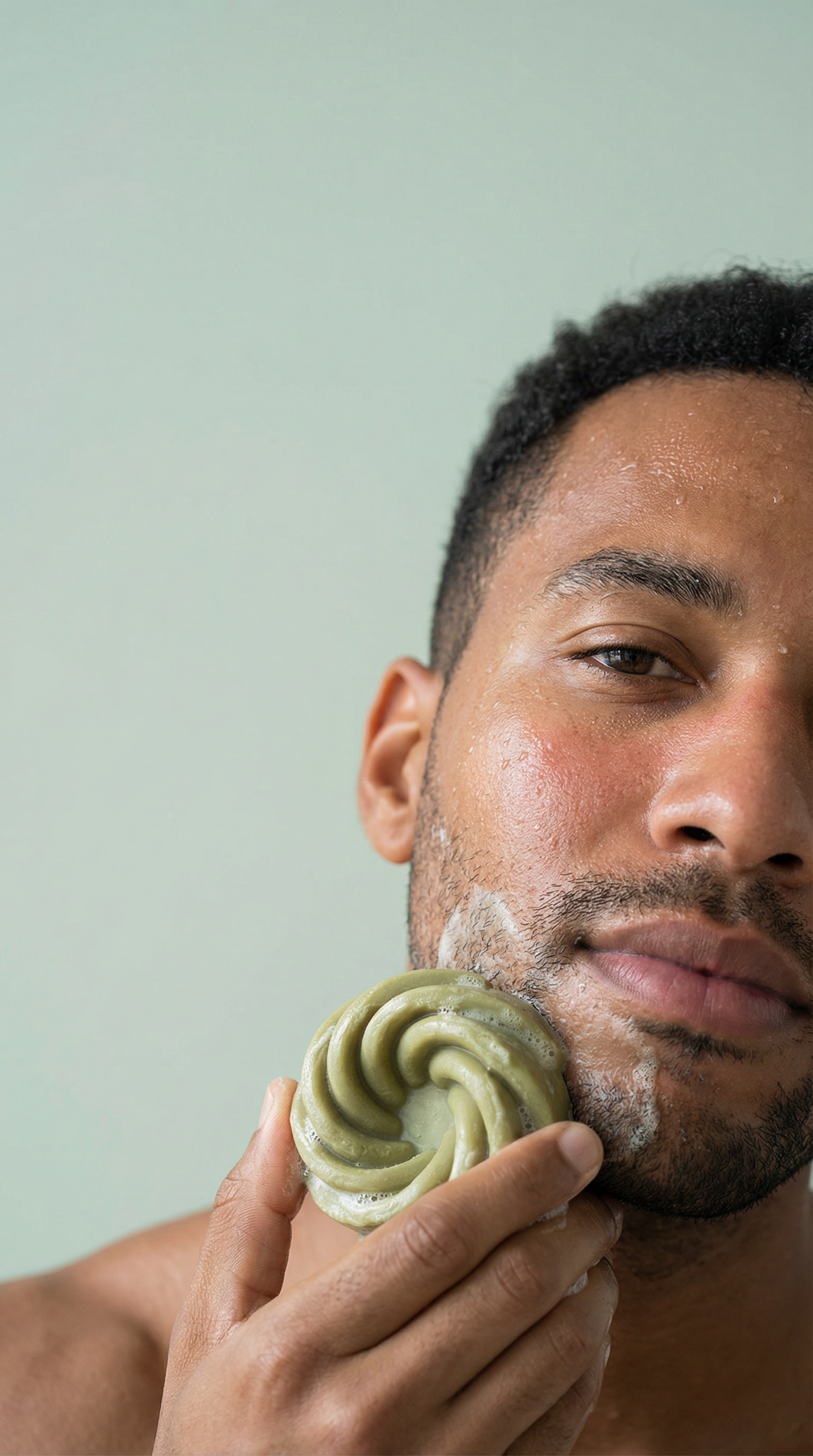 man with flushed inflammed skin lathering moringa bar on cheek and chin.png
