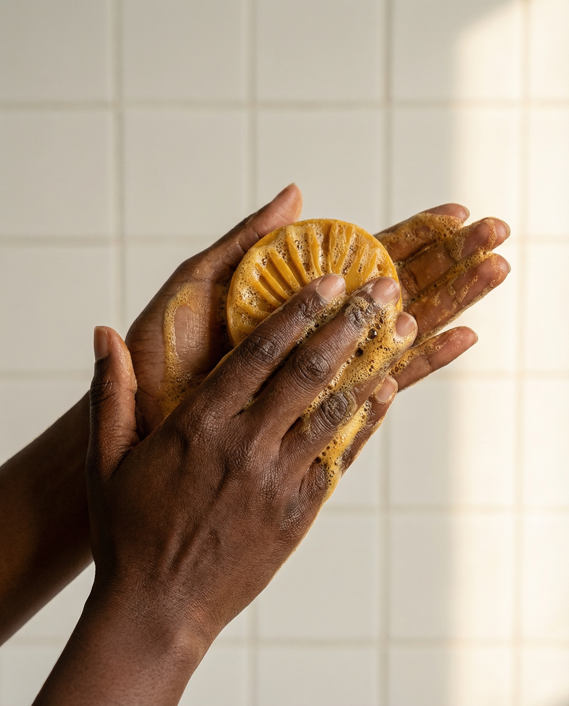 Rich toned hands lathering turmeric bar
