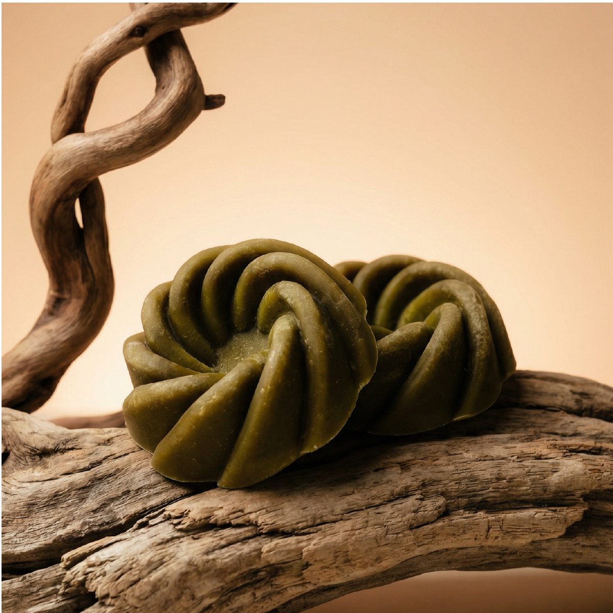 Two green spiral shaped moringa bars resting on brown driftwood