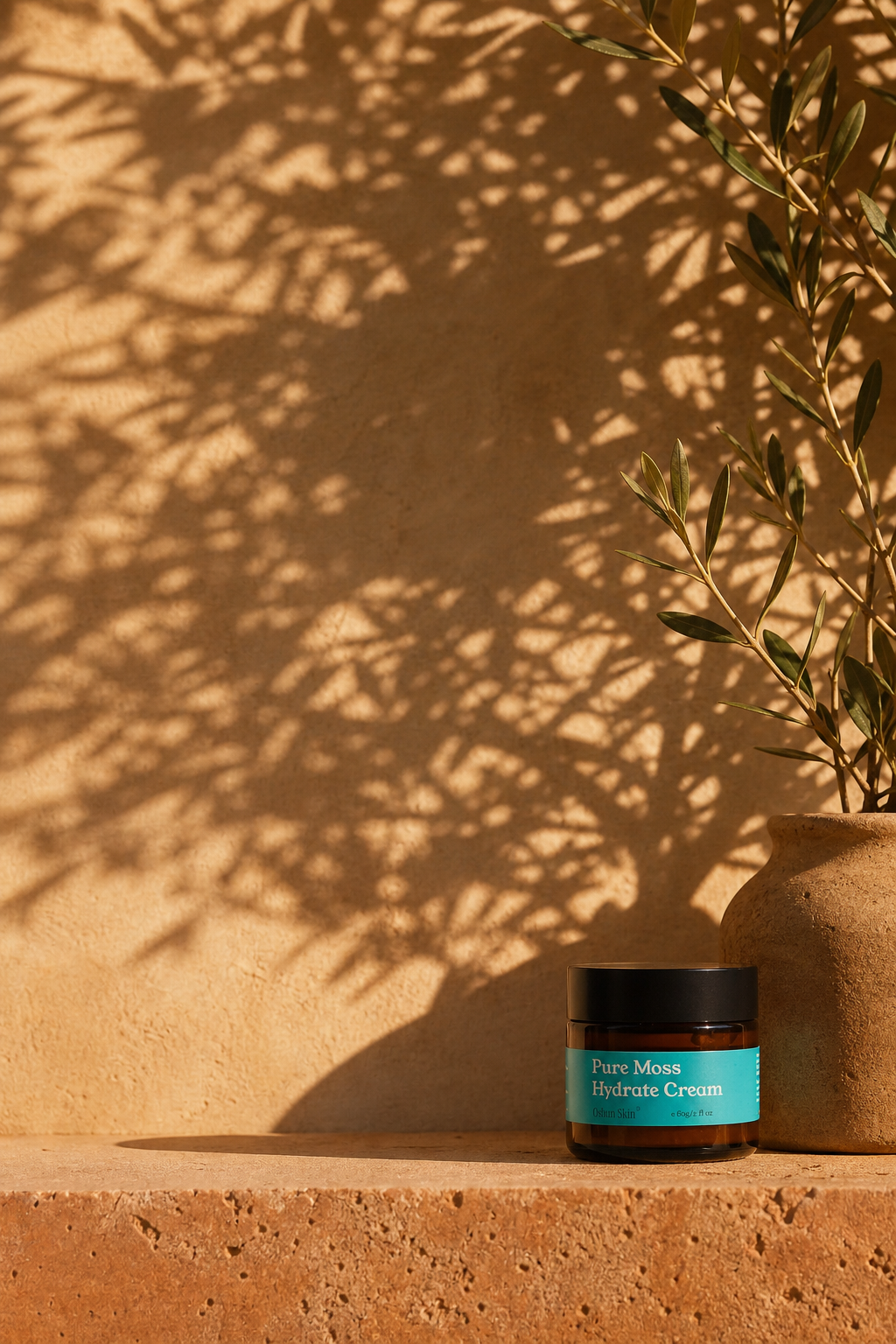 The closed 60ml amber glass Pure Moss Hydrate Cream jar standing on a warm pale terracotta stone shelf.png