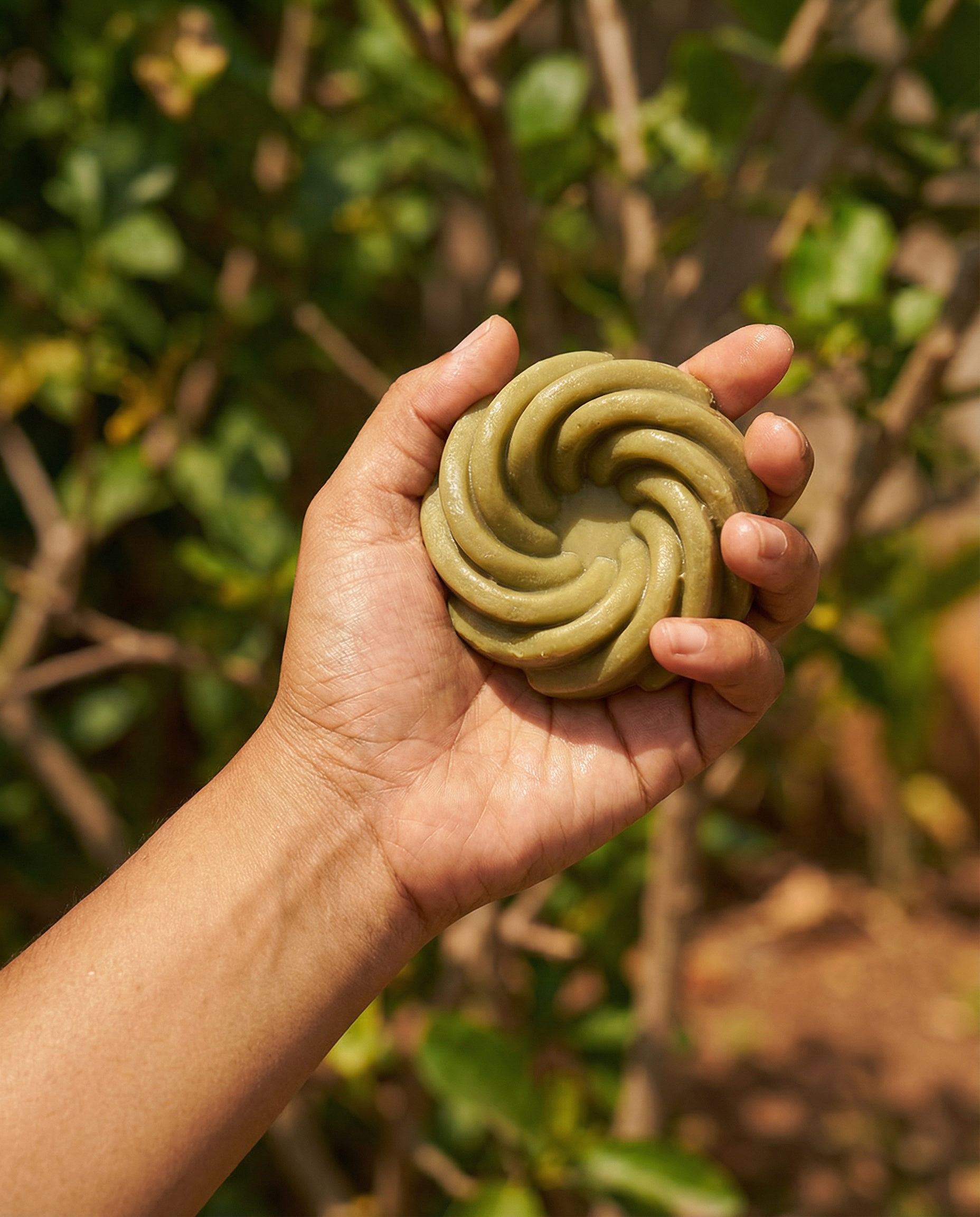 single hand shot in outside foliage holding moringa bar in sunlight.png