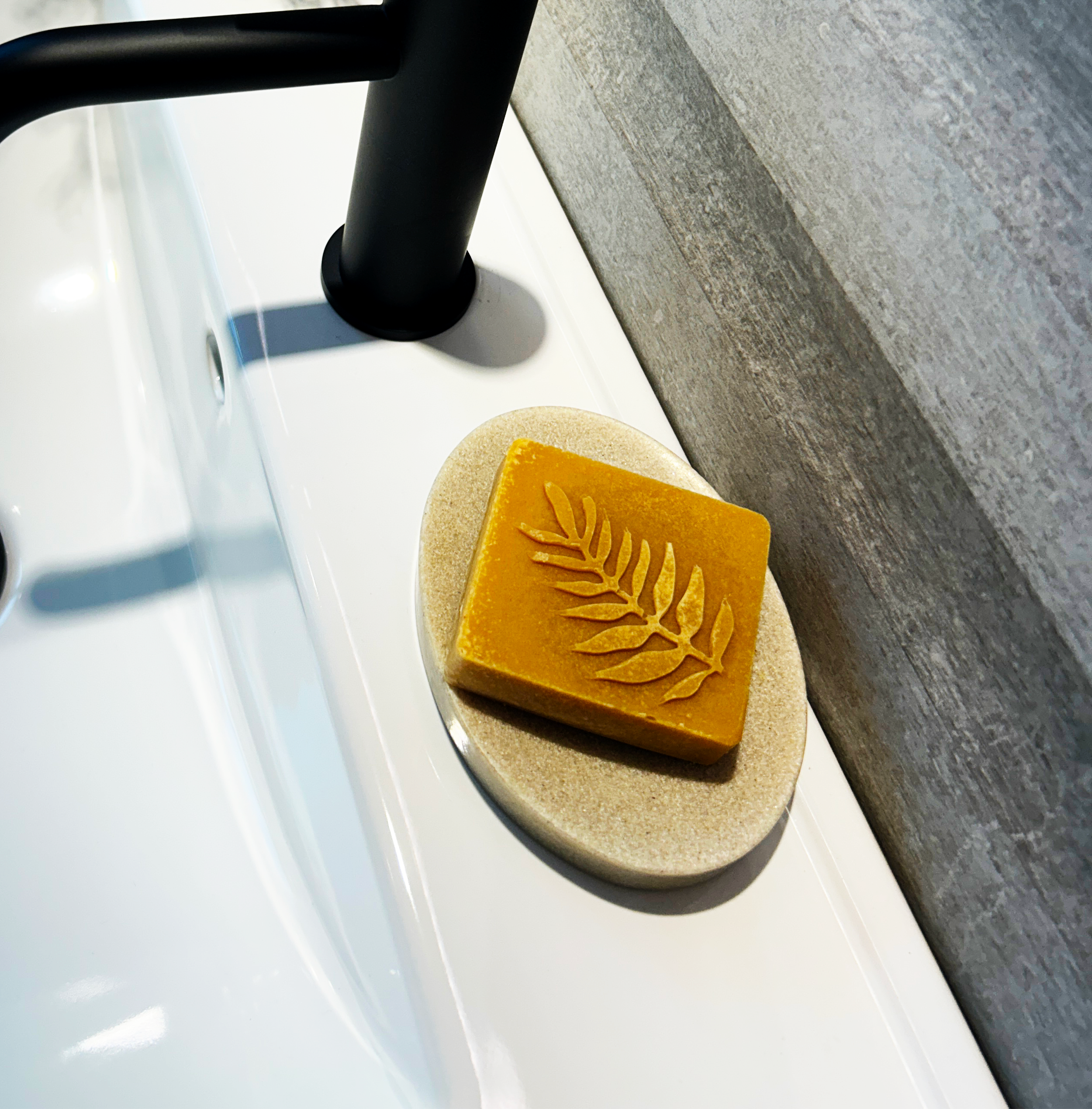 square turmeric bar on sink plant stamp