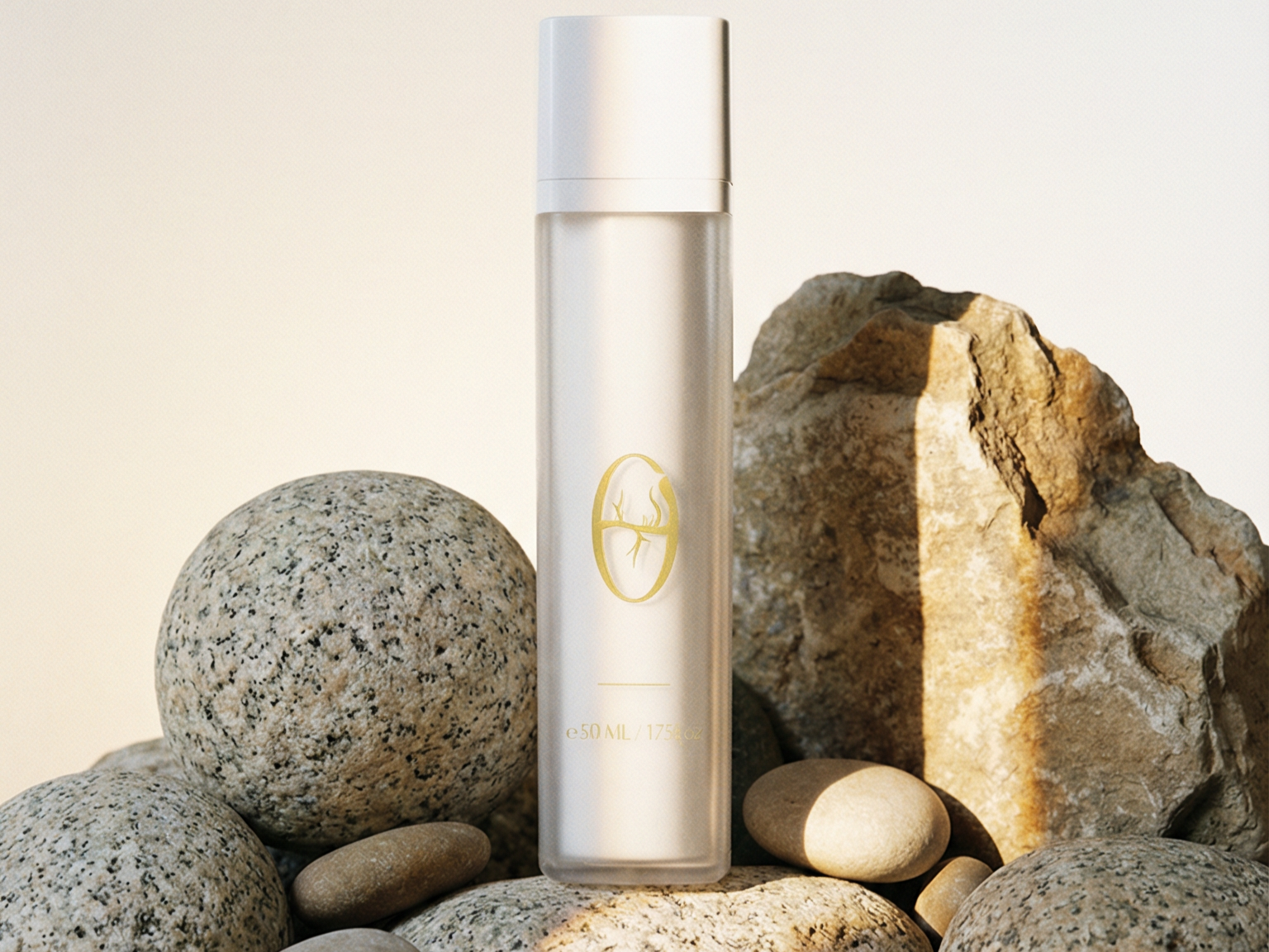 Sea Moss Gel Facial Cleanser standing on an array of marble sea stones with sunlight on the right side displayed in front of a cream background