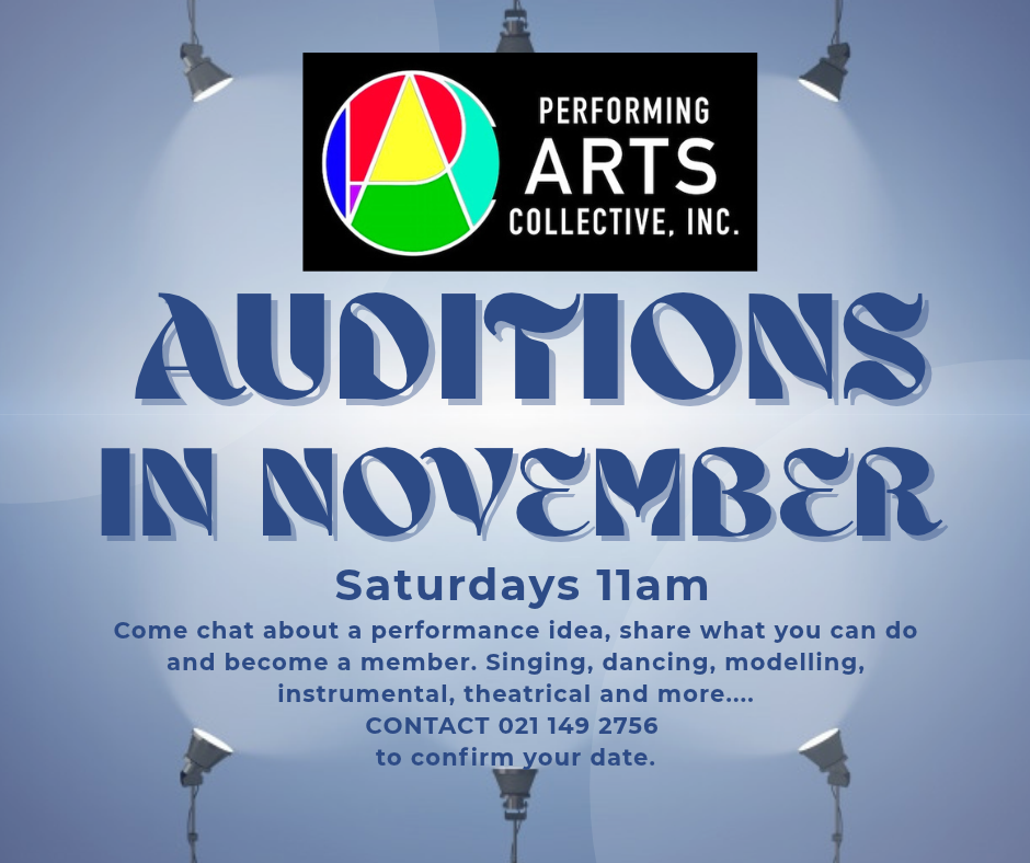 Auditions flyer for every Saturday in November 2026, contact 021 149 2756 to save a spot
