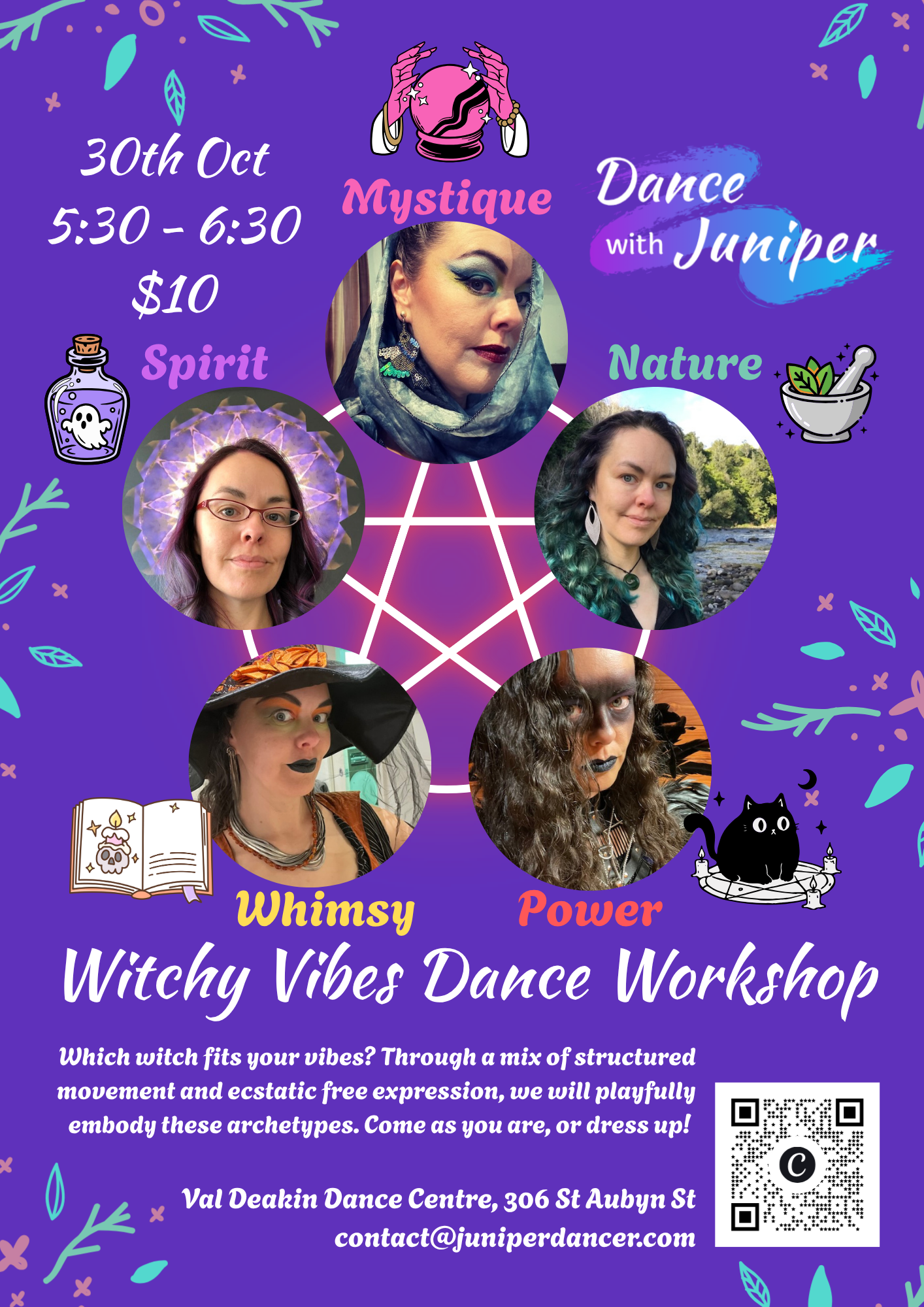 Flyer for the Witchy Vibes dance workshop, featuring five versions of Juniper illustrating Mystique, Spirit, Nature, Whimsy, and Powerful versions of the witch archetype