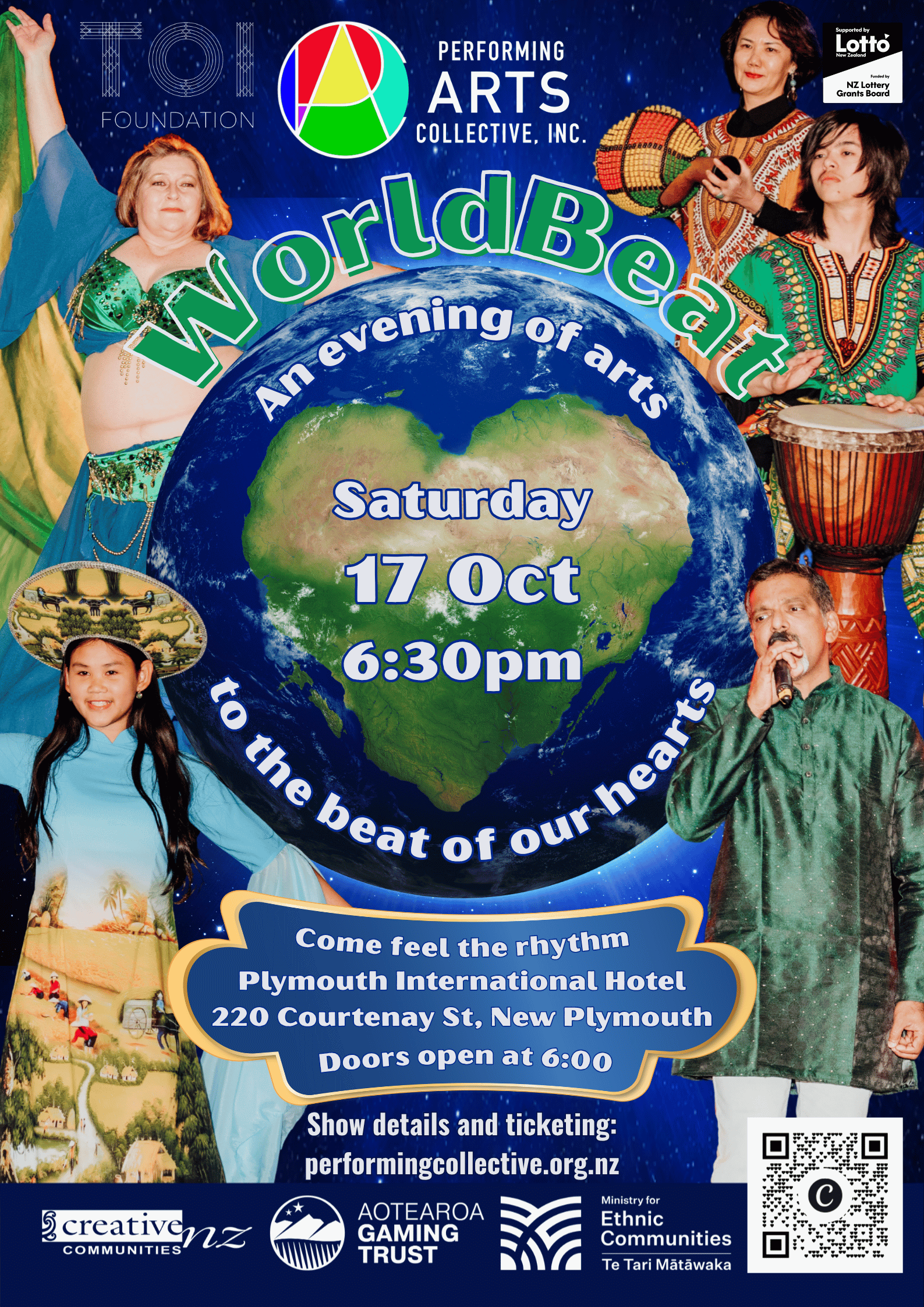 Poster advertising 'Worldbeat,' an evening of arts by Performing Arts Collective Inc. on Saturday, October 17 at 6:30 pm at Plymouth International Hotel, 220 Courtenay St., New Plymouth. Features diverse performers celebrating global music and arts with details and ticketing info at performingcollective.org.nz.