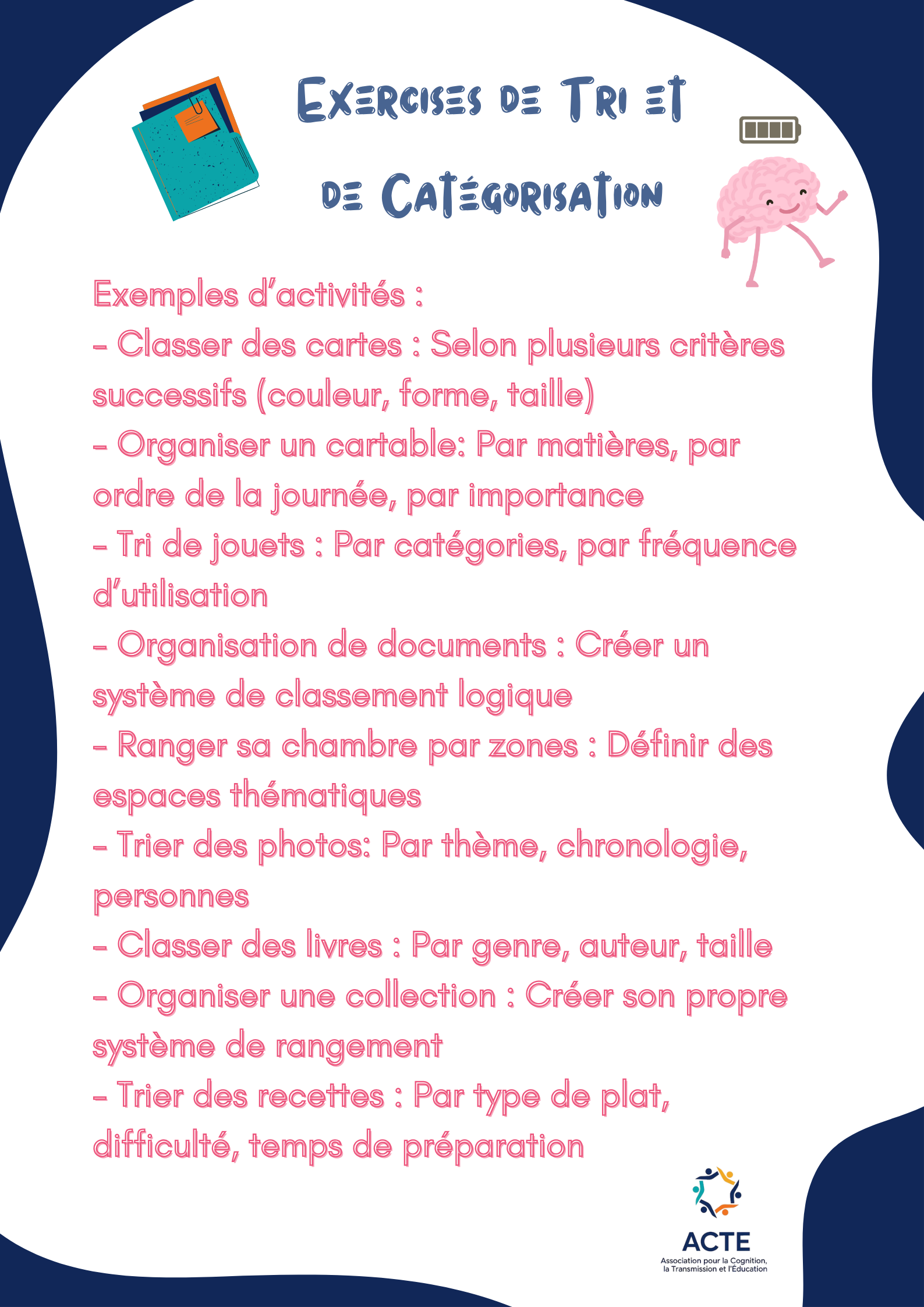 Fichier contenant une liste d'exercices de tri et de catégorisation, avec des illustrations de livres et un cerveau. Le texte explique différentes activités de classement comme classer des cartes, organiser des documents, trier des photos, classer des livres et organiser une collection, avec des exemples spécifiques pour chaque.