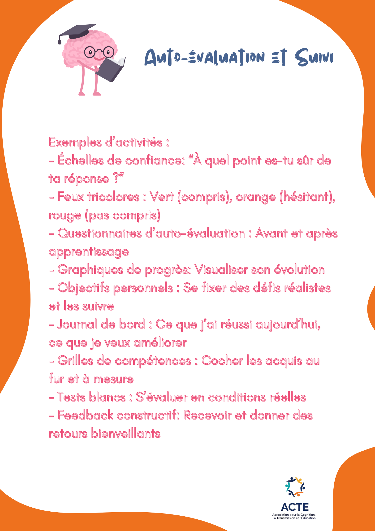 Une affiche pédagogique avec un dessin d'un cerveau anthropomorphe portant un chapeau de diplôme et lisant un livre. Titre "Auto-évaluation et Suivi" et liste d'exemples d'activités en français, avec le logo de l'ACTE à la base.