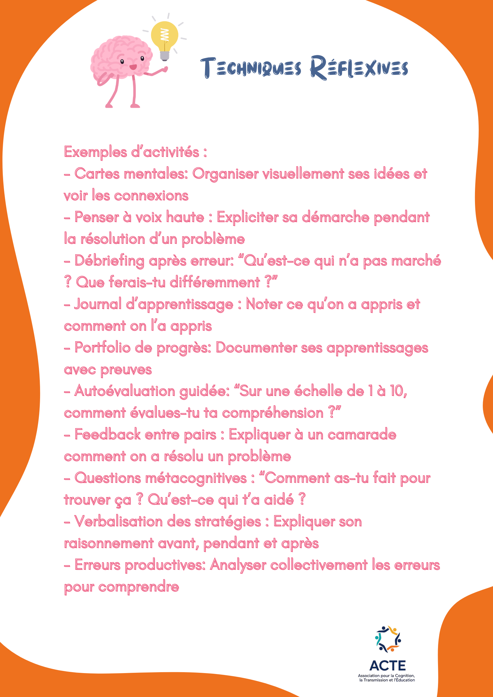Une affiche éducative présentant des techniques réflexives avec une illustration d'un cerveau souriant tenant une lumière. Liste d'exemples d'activités en français sur des techniques de réflexion, avec le logo de l'ACTE en bas à droite.